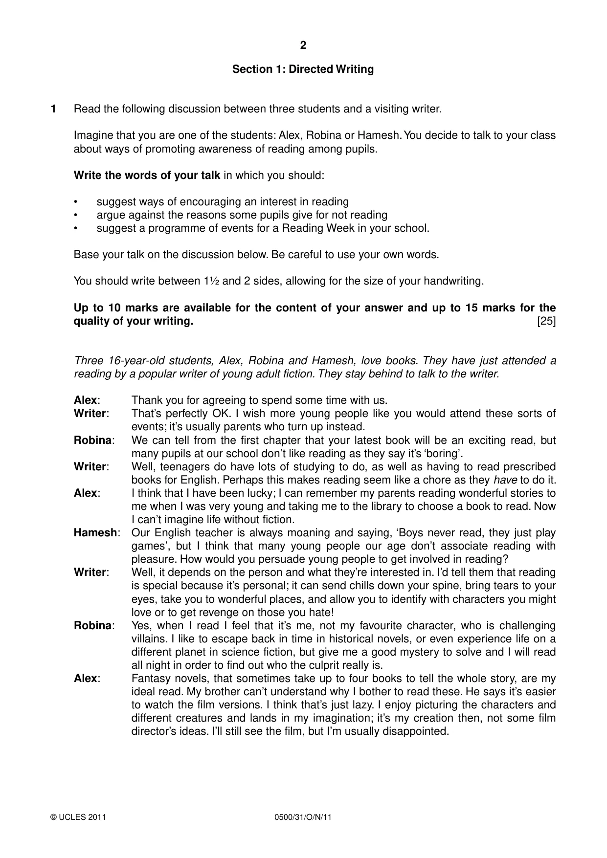 Cambridge IGCSE English - First Language 0500 2011 Oct/Nov Paper 3 · Variant 1 question paper, page 2 of 4