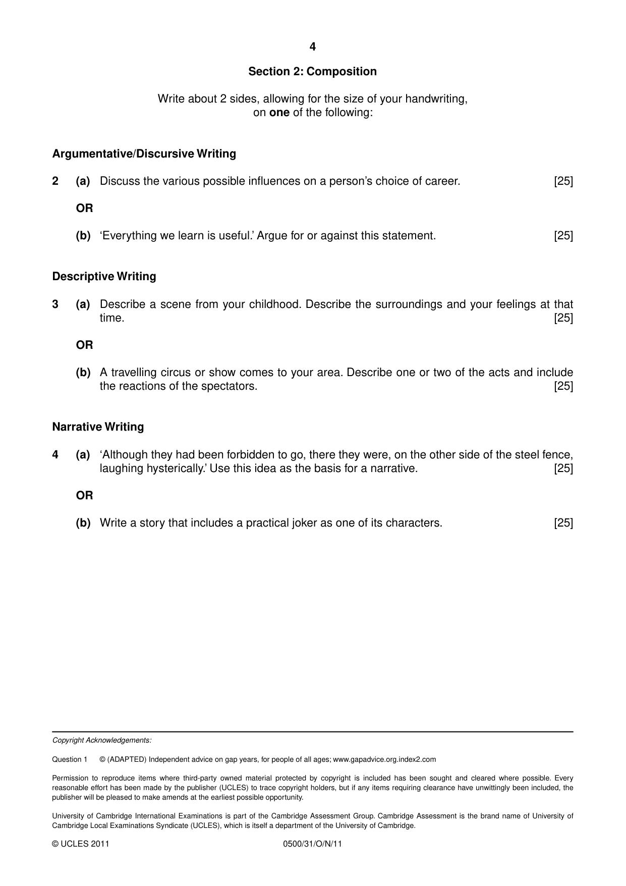 Cambridge IGCSE English - First Language 0500 2011 Oct/Nov Paper 3 · Variant 1 question paper, page 4 of 4