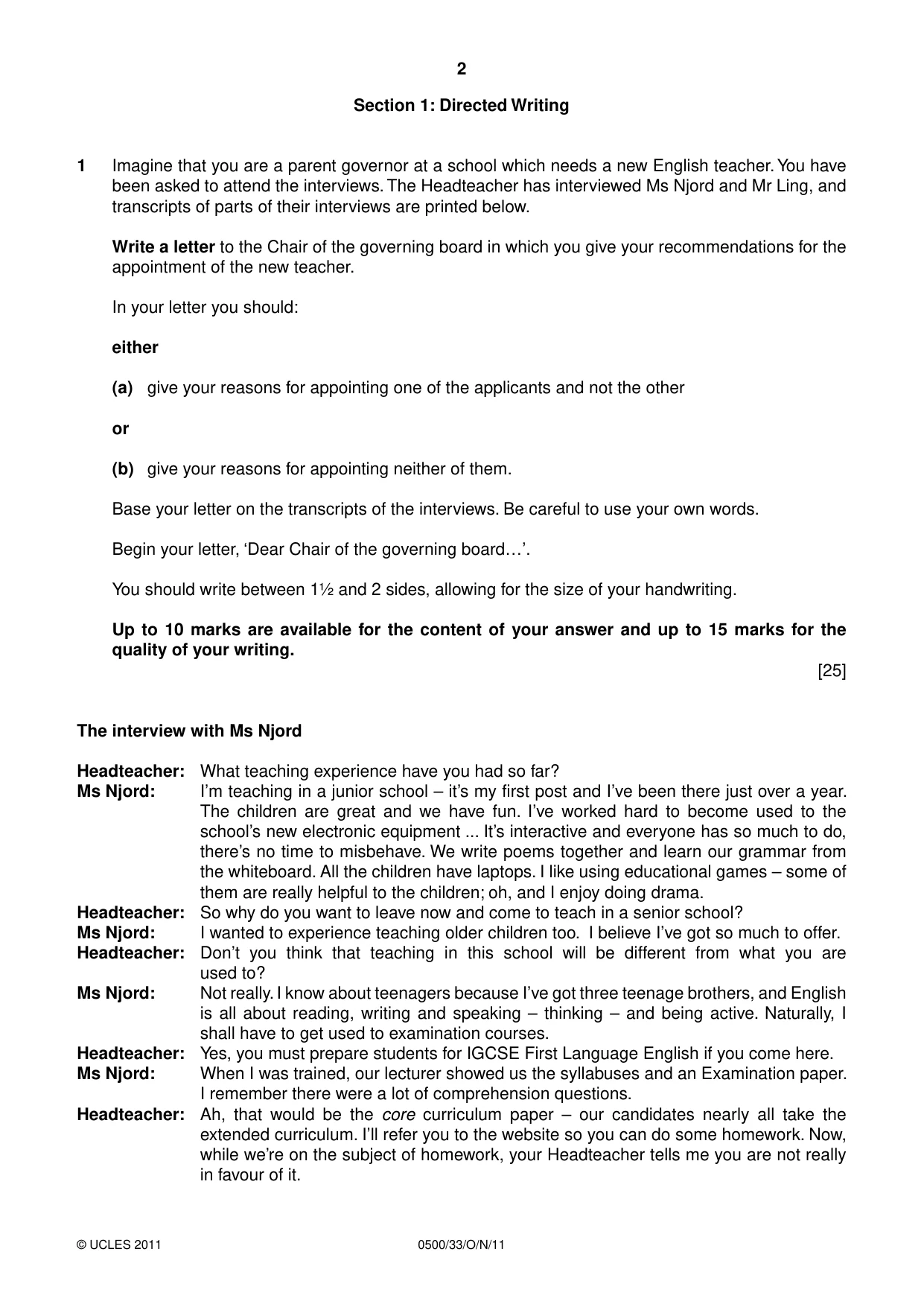 Cambridge IGCSE English - First Language 0500 2011 Oct/Nov Paper 3 · Variant 3 question paper, page 2 of 4