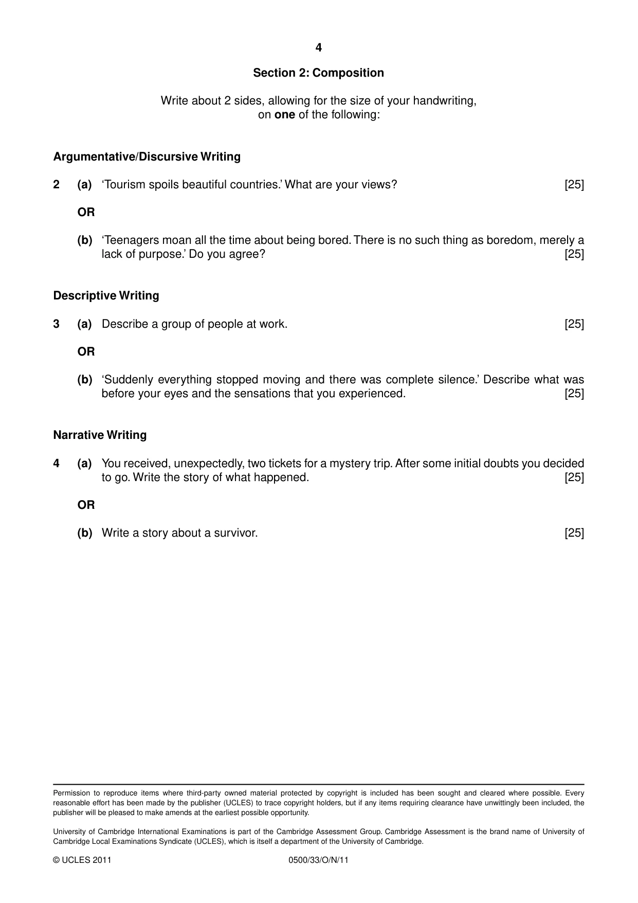 Cambridge IGCSE English - First Language 0500 2011 Oct/Nov Paper 3 · Variant 3 question paper, page 4 of 4