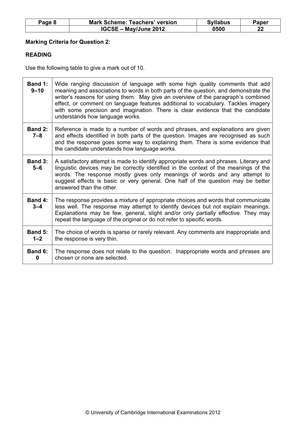 Mark scheme, page 8 of 10