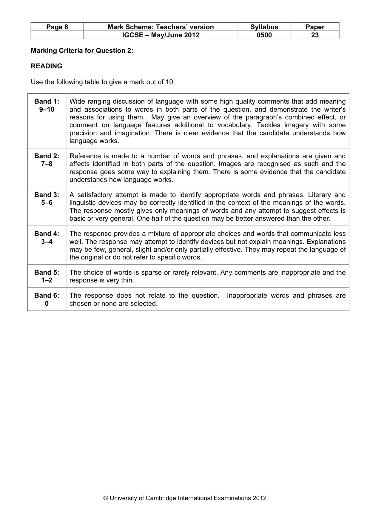 Mark scheme, page 8 of 10