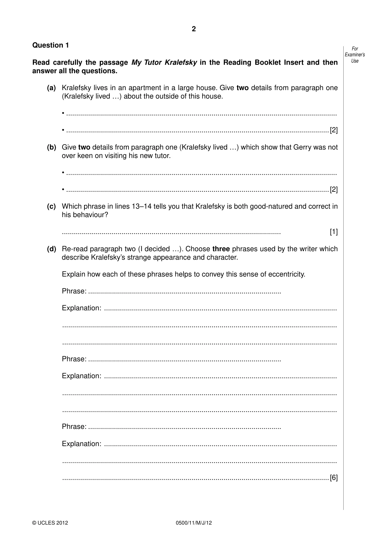 Cambridge IGCSE English - First Language 0500 2012 May/June Paper 1 · Variant 1 question paper, page 2 of 8