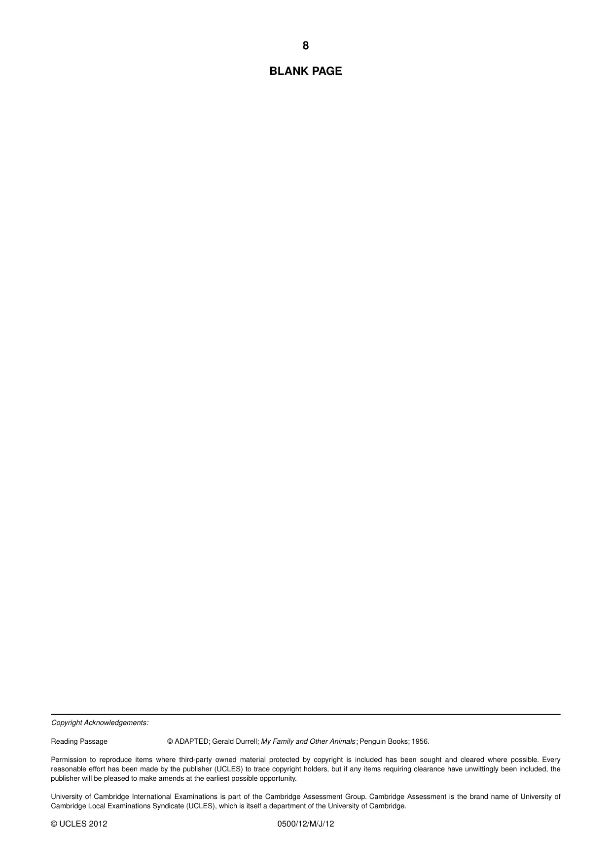 Cambridge IGCSE English - First Language 0500 2012 May/June Paper 1 · Variant 2 question paper, page 8 of 8