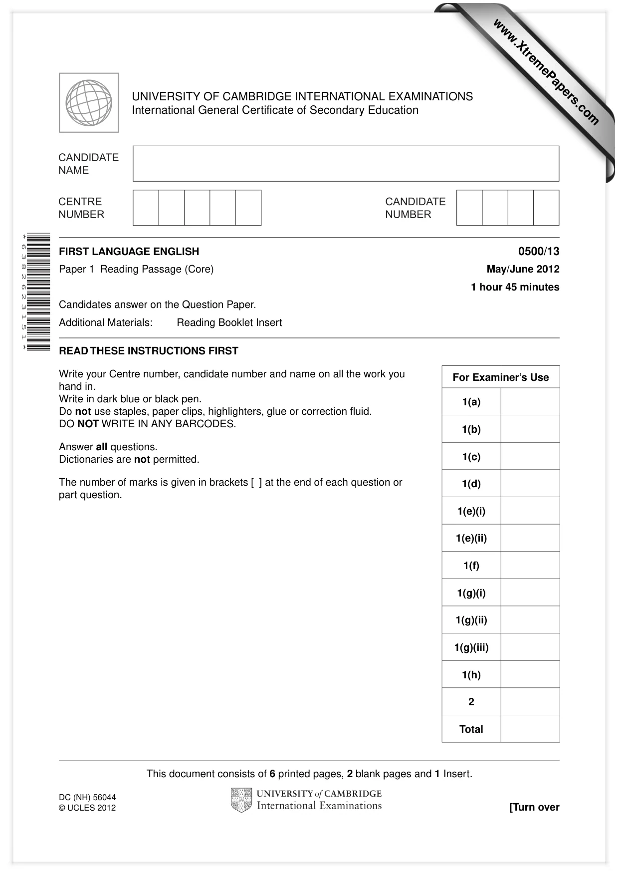Cambridge IGCSE English - First Language 0500 2012 May/June Paper 1 · Variant 3 question paper, page 1 of 8