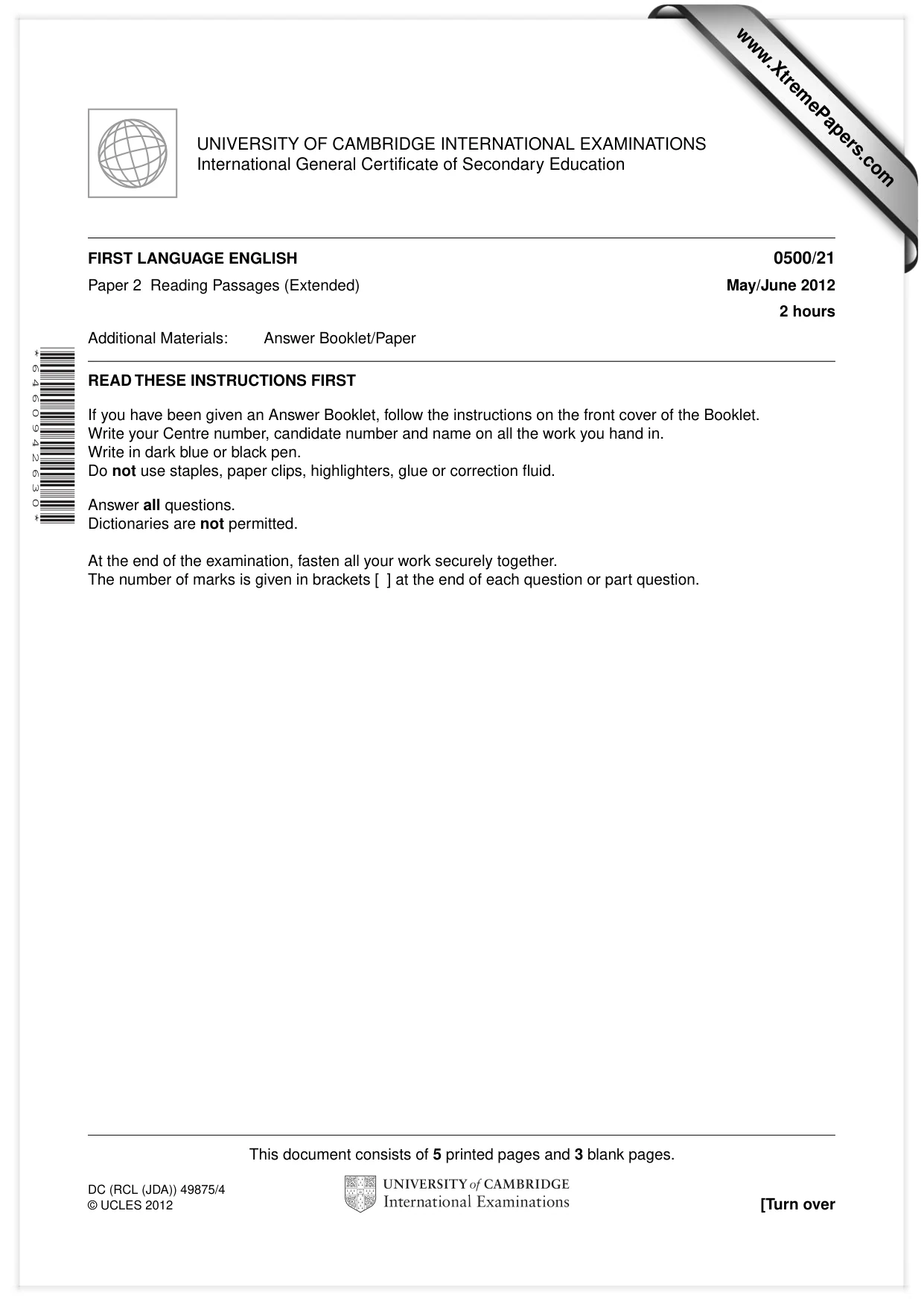 Cambridge IGCSE English - First Language 0500 2012 May/June Paper 2 · Variant 1 question paper, page 1 of 8
