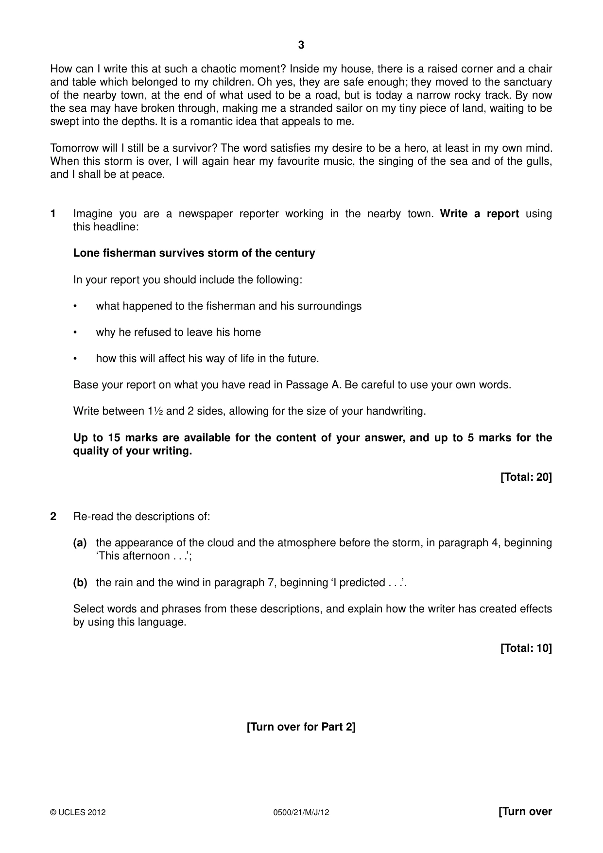Cambridge IGCSE English - First Language 0500 2012 May/June Paper 2 · Variant 1 question paper, page 3 of 8