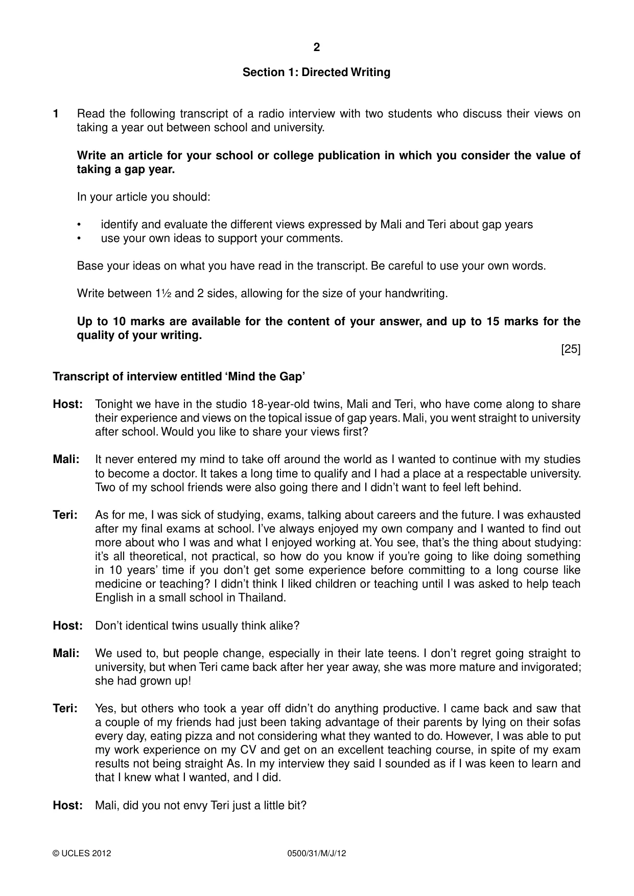 Cambridge IGCSE English - First Language 0500 2012 May/June Paper 3 · Variant 1 question paper, page 2 of 4