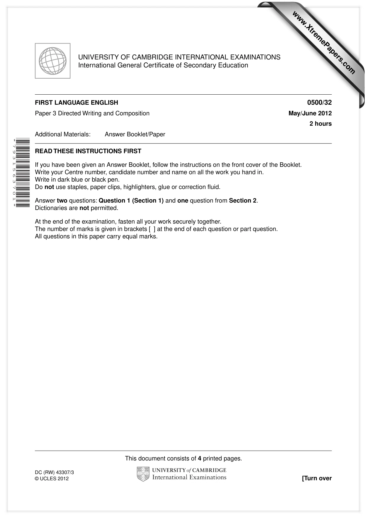 Cambridge IGCSE English - First Language 0500 2012 May/June Paper 3 · Variant 2 question paper, page 1 of 4