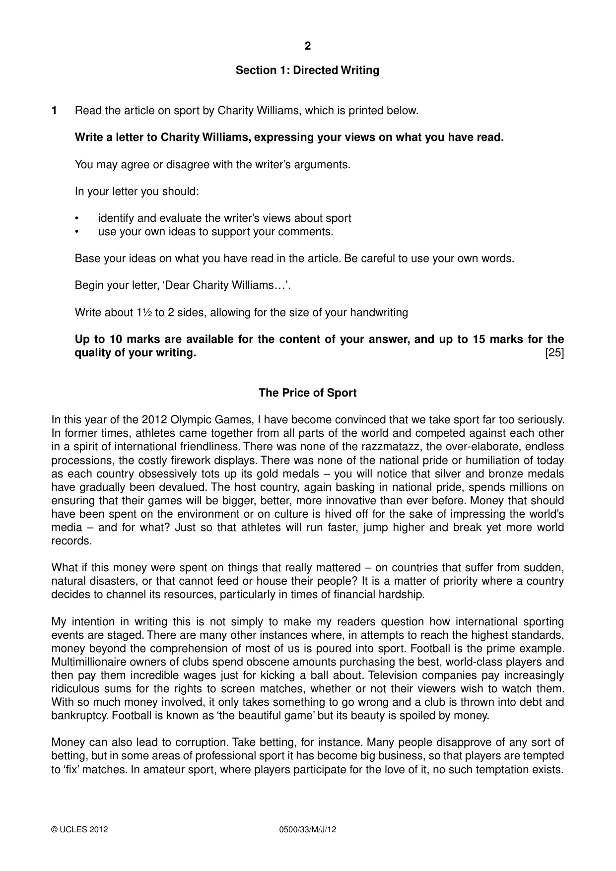 Cambridge IGCSE English - First Language 0500 2012 May/June Paper 3 · Variant 3 question paper, page 2 of 4