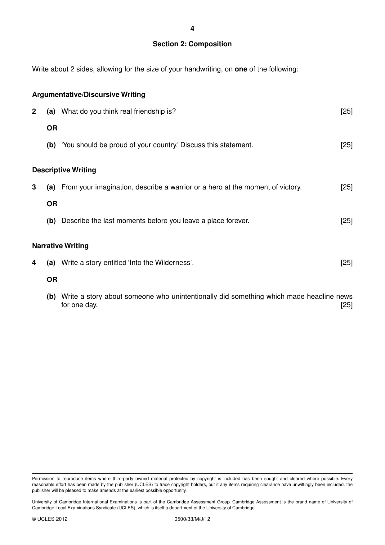Cambridge IGCSE English - First Language 0500 2012 May/June Paper 3 · Variant 3 question paper, page 4 of 4