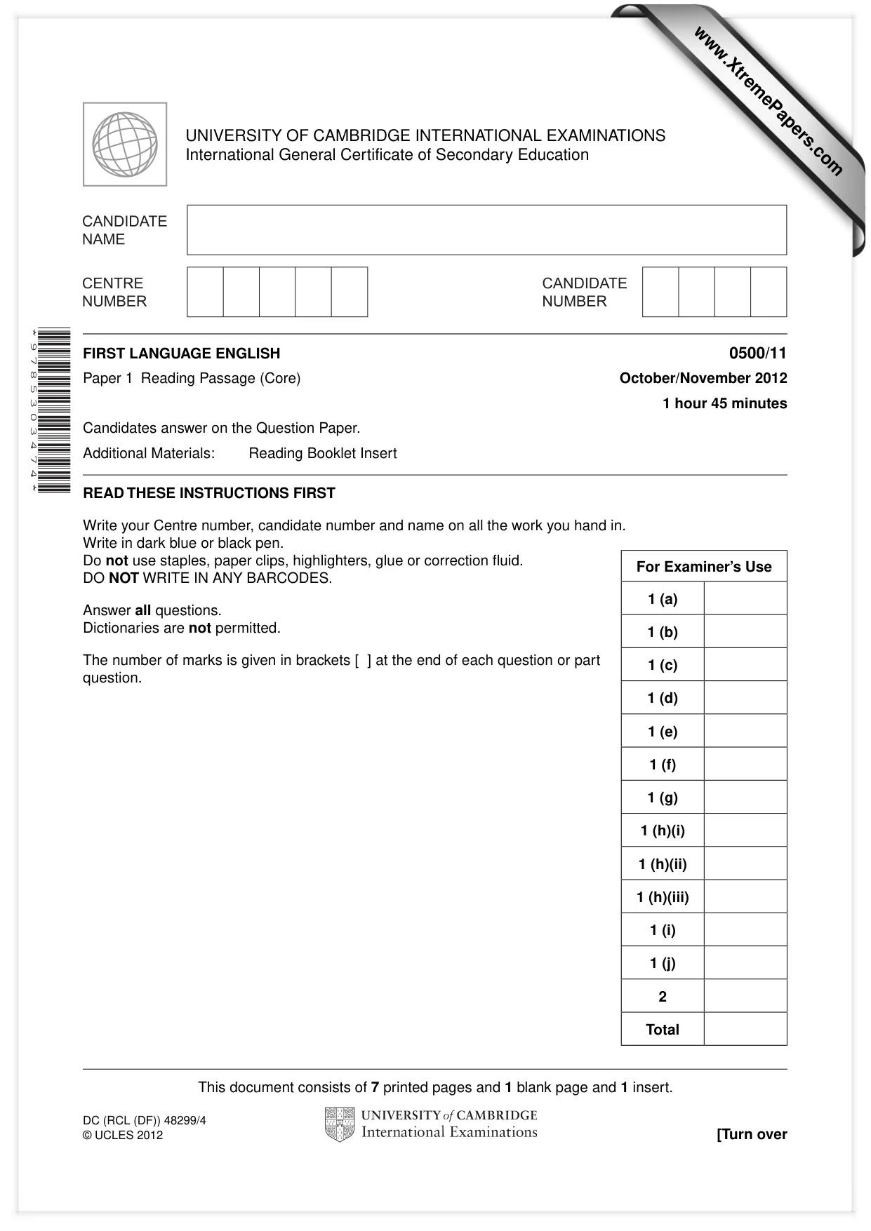 Cambridge IGCSE English - First Language 0500 2012 Oct/Nov Paper 1 · Variant 1 question paper, page 1 of 8