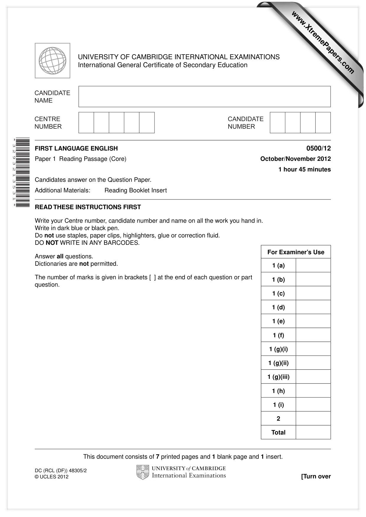 Cambridge IGCSE English - First Language 0500 2012 Oct/Nov Paper 1 · Variant 2 question paper, page 1 of 8