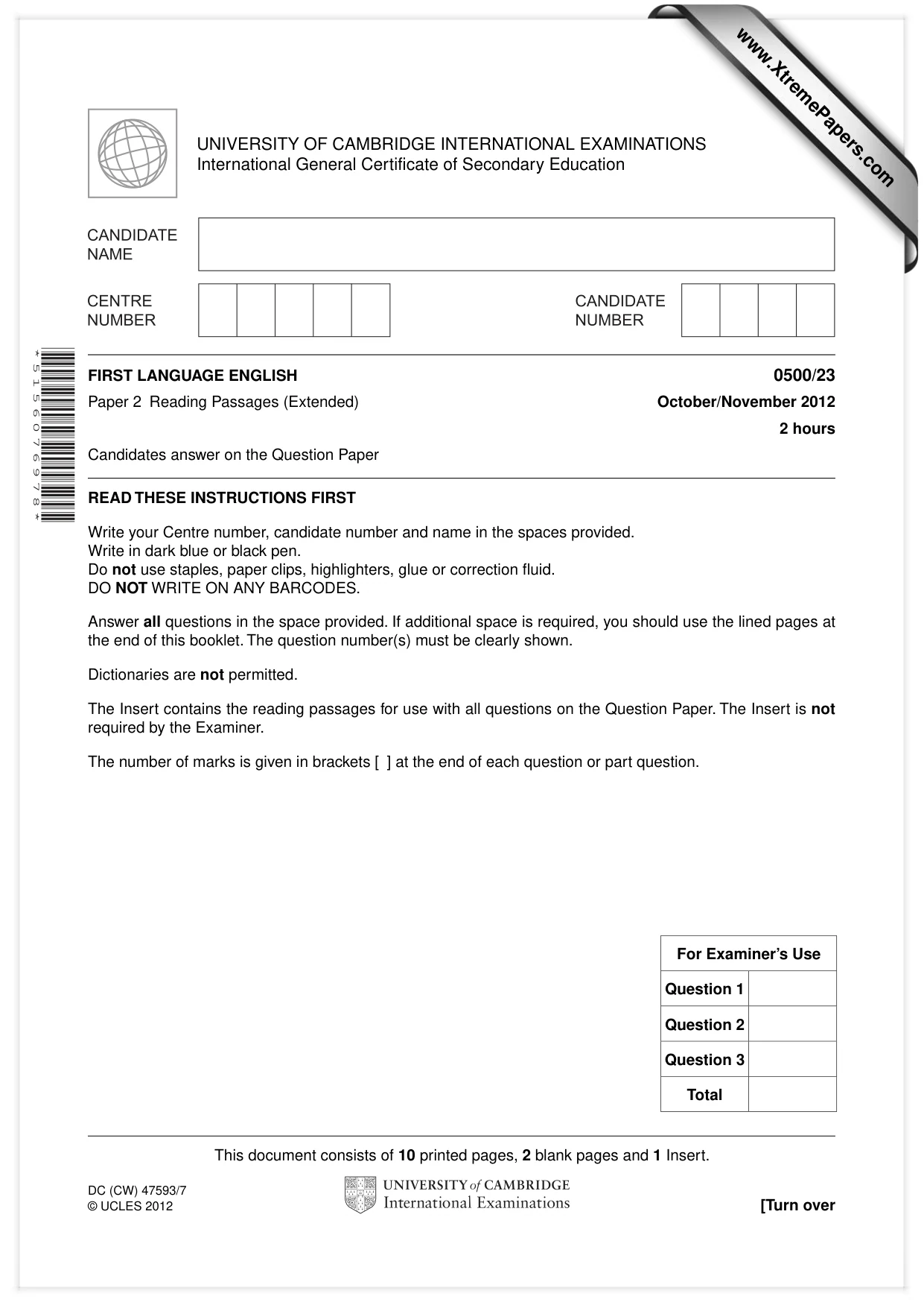 Cambridge IGCSE English - First Language 0500 2012 Oct/Nov Paper 2 · Variant 3 question paper, page 1 of 12
