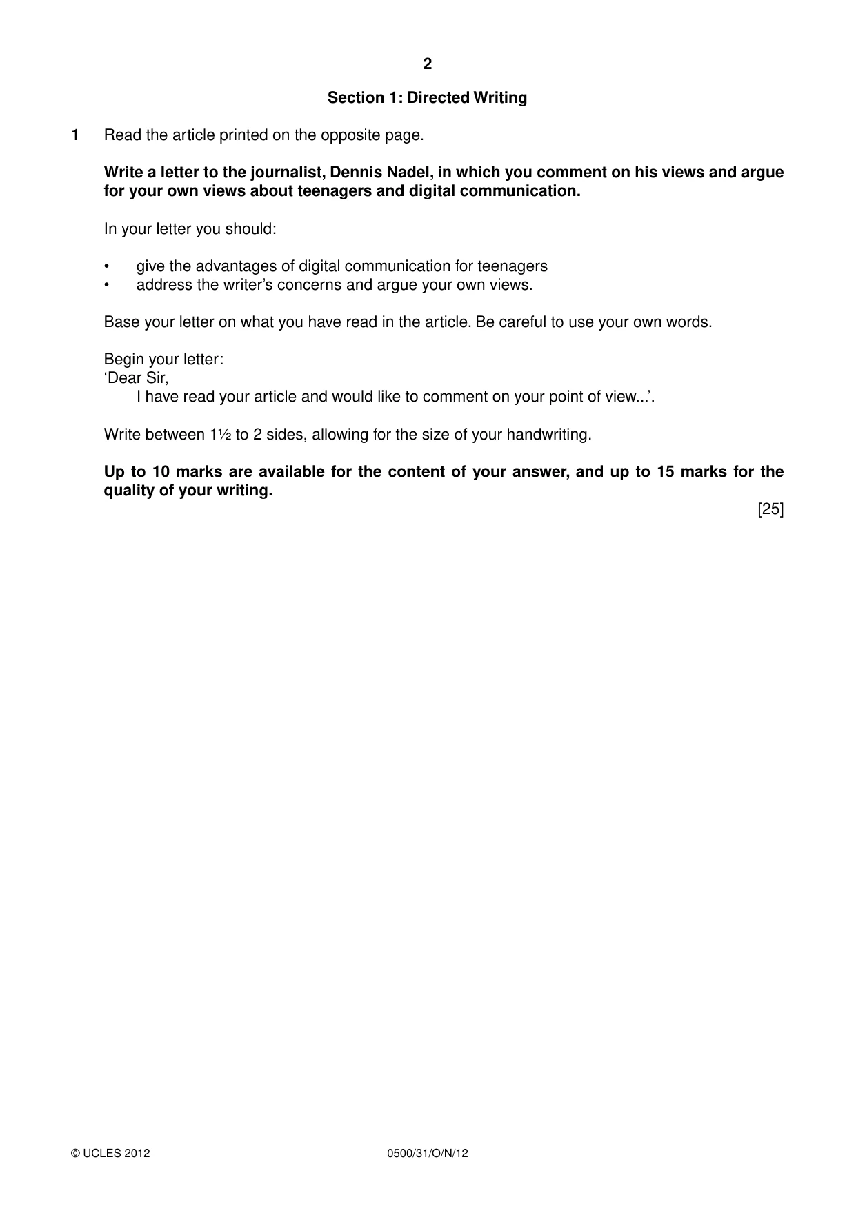 Cambridge IGCSE English - First Language 0500 2012 Oct/Nov Paper 3 · Variant 1 question paper, page 2 of 4