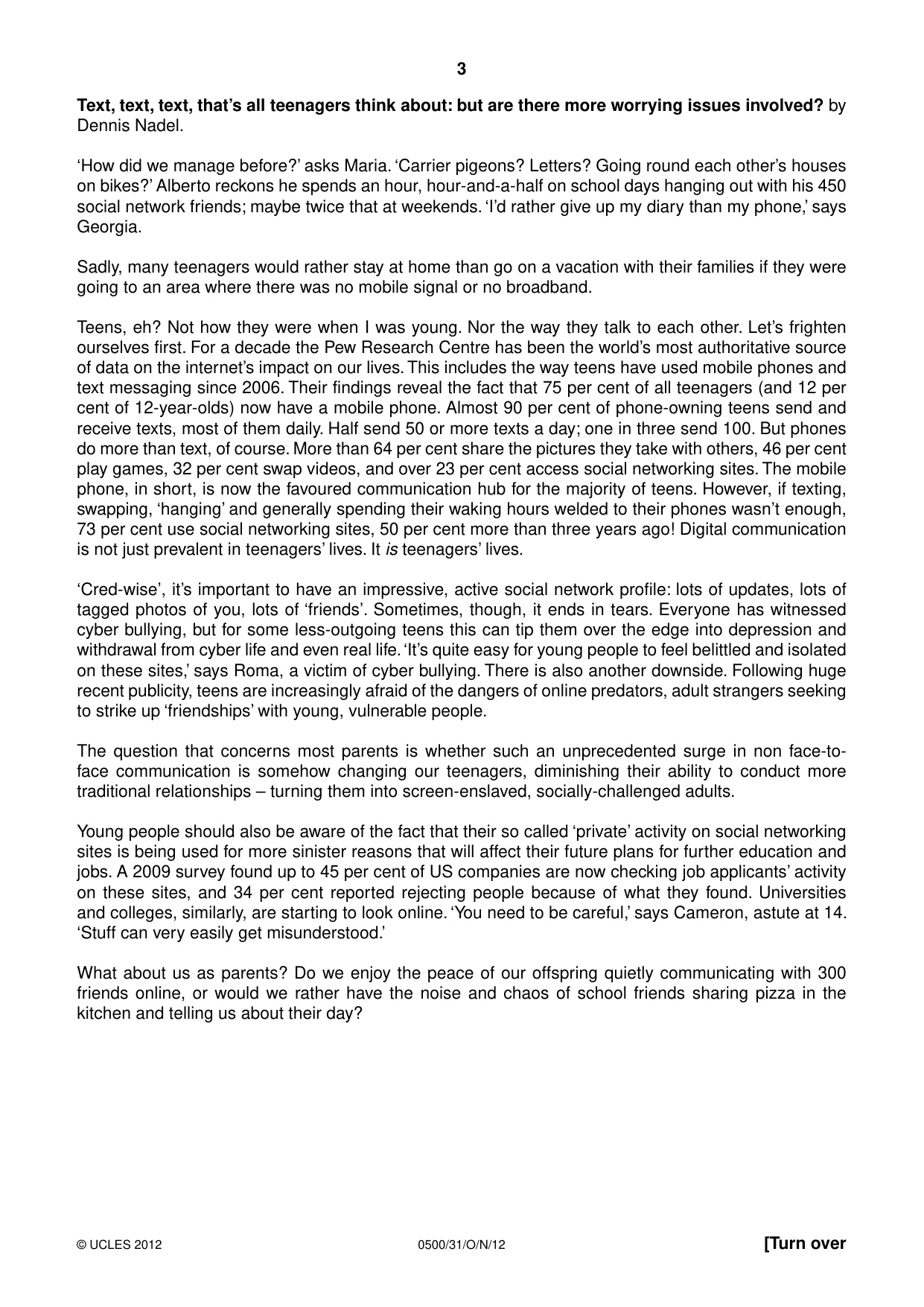 Cambridge IGCSE English - First Language 0500 2012 Oct/Nov Paper 3 · Variant 1 question paper, page 3 of 4