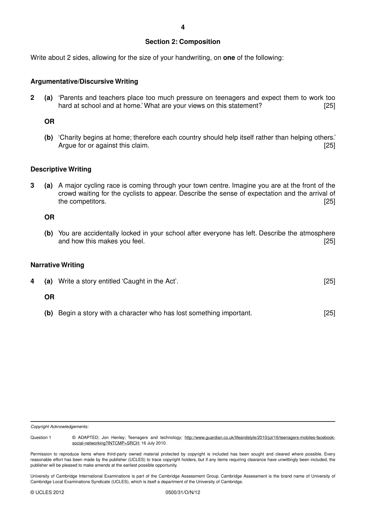 Cambridge IGCSE English - First Language 0500 2012 Oct/Nov Paper 3 · Variant 1 question paper, page 4 of 4