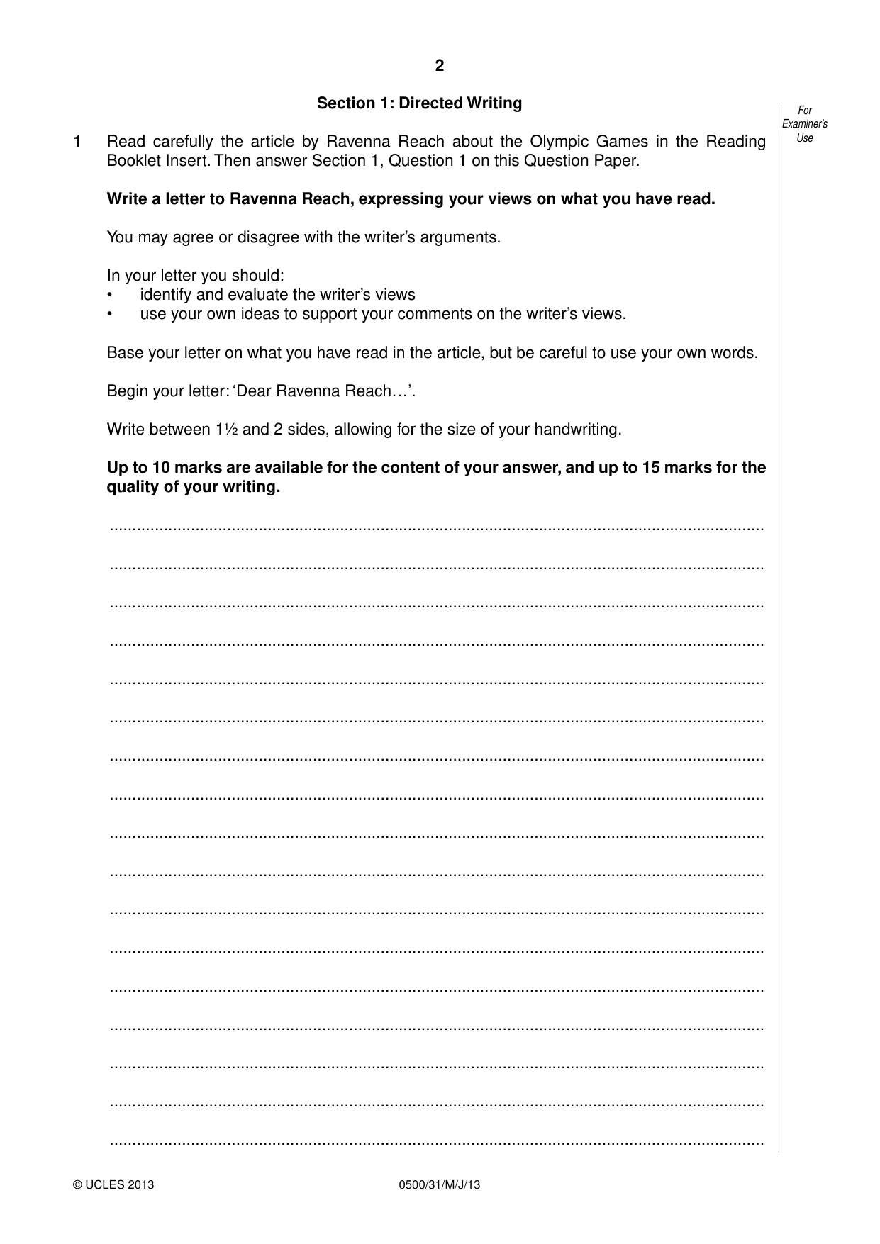 Cambridge IGCSE English - First Language 0500 2013 May/June Paper 3 · Variant 1 question paper, page 2 of 12