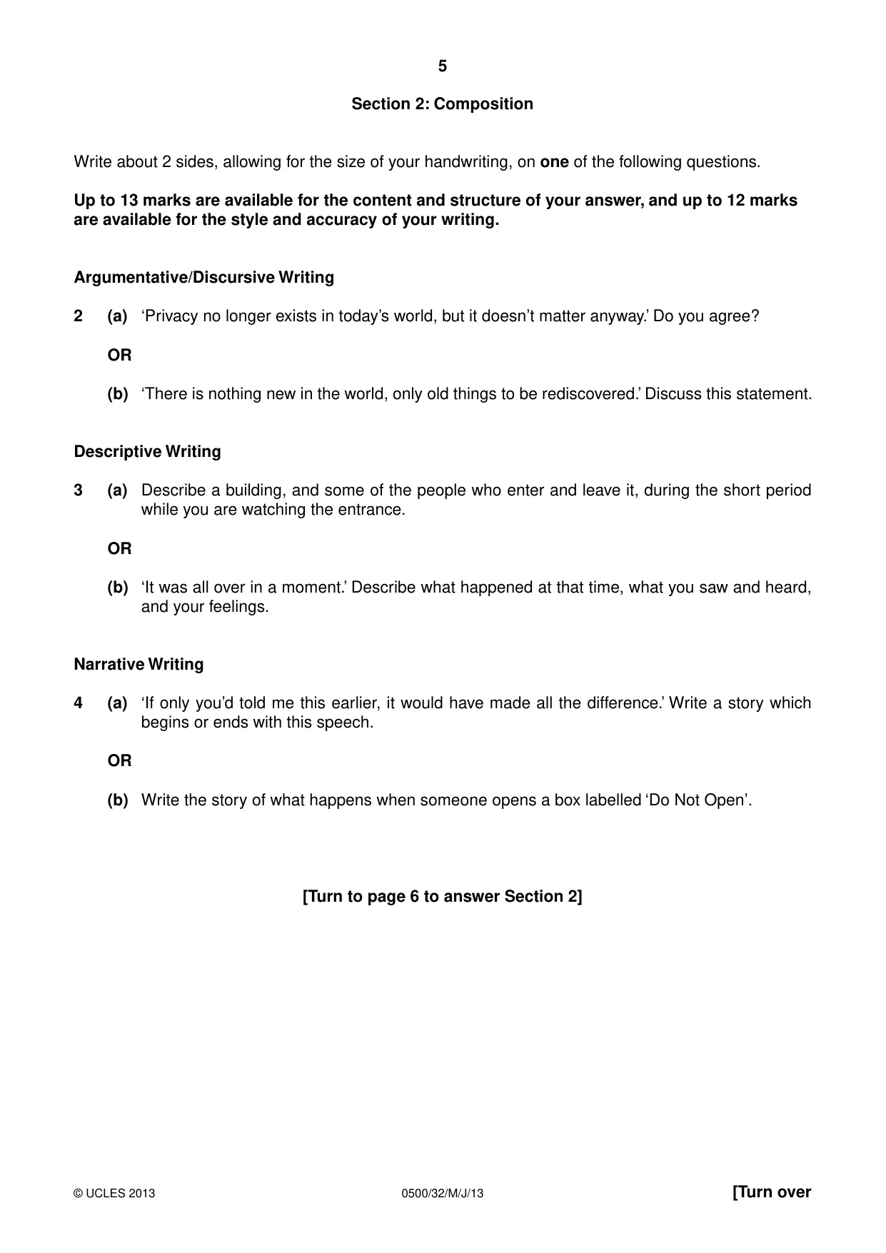 Cambridge IGCSE English - First Language 0500 2013 May/June Paper 3 · Variant 2 question paper, page 5 of 12