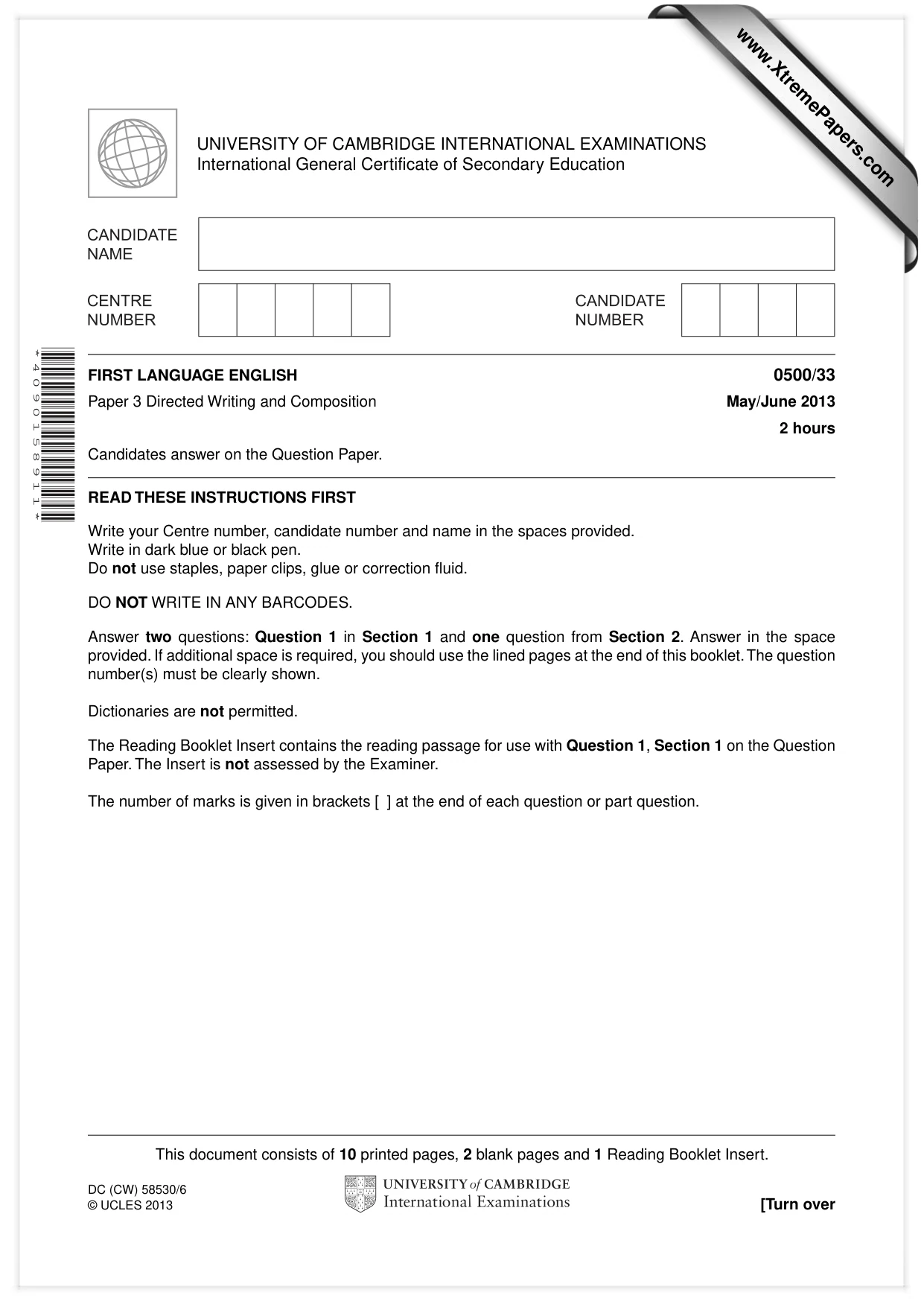 Cambridge IGCSE English - First Language 0500 2013 May/June Paper 3 · Variant 3 question paper, page 1 of 12