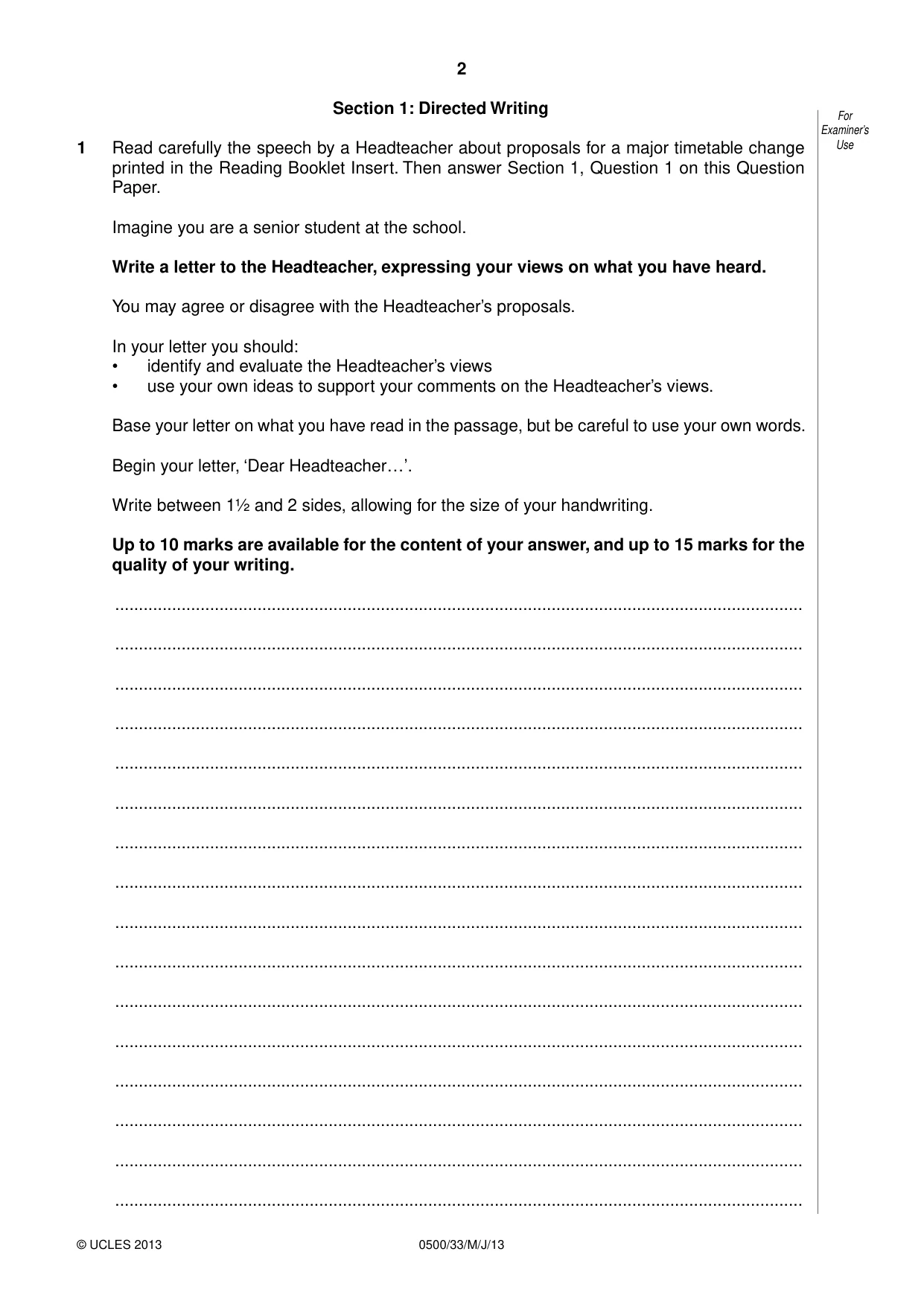 Cambridge IGCSE English - First Language 0500 2013 May/June Paper 3 · Variant 3 question paper, page 2 of 12