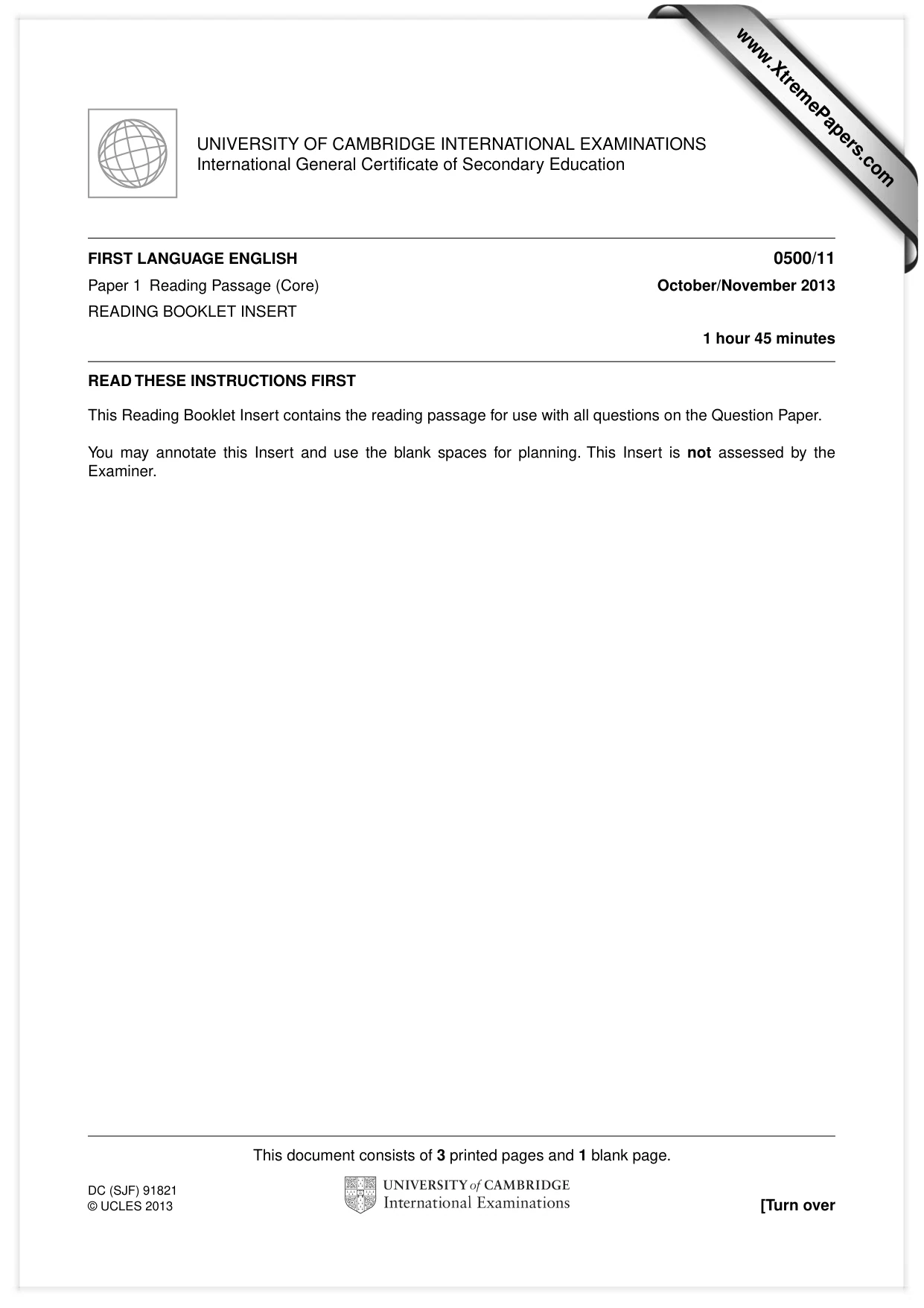 Cambridge IGCSE English - First Language 0500 2013 Oct/Nov Paper 1 · Variant 1 question paper, page 1 of 4