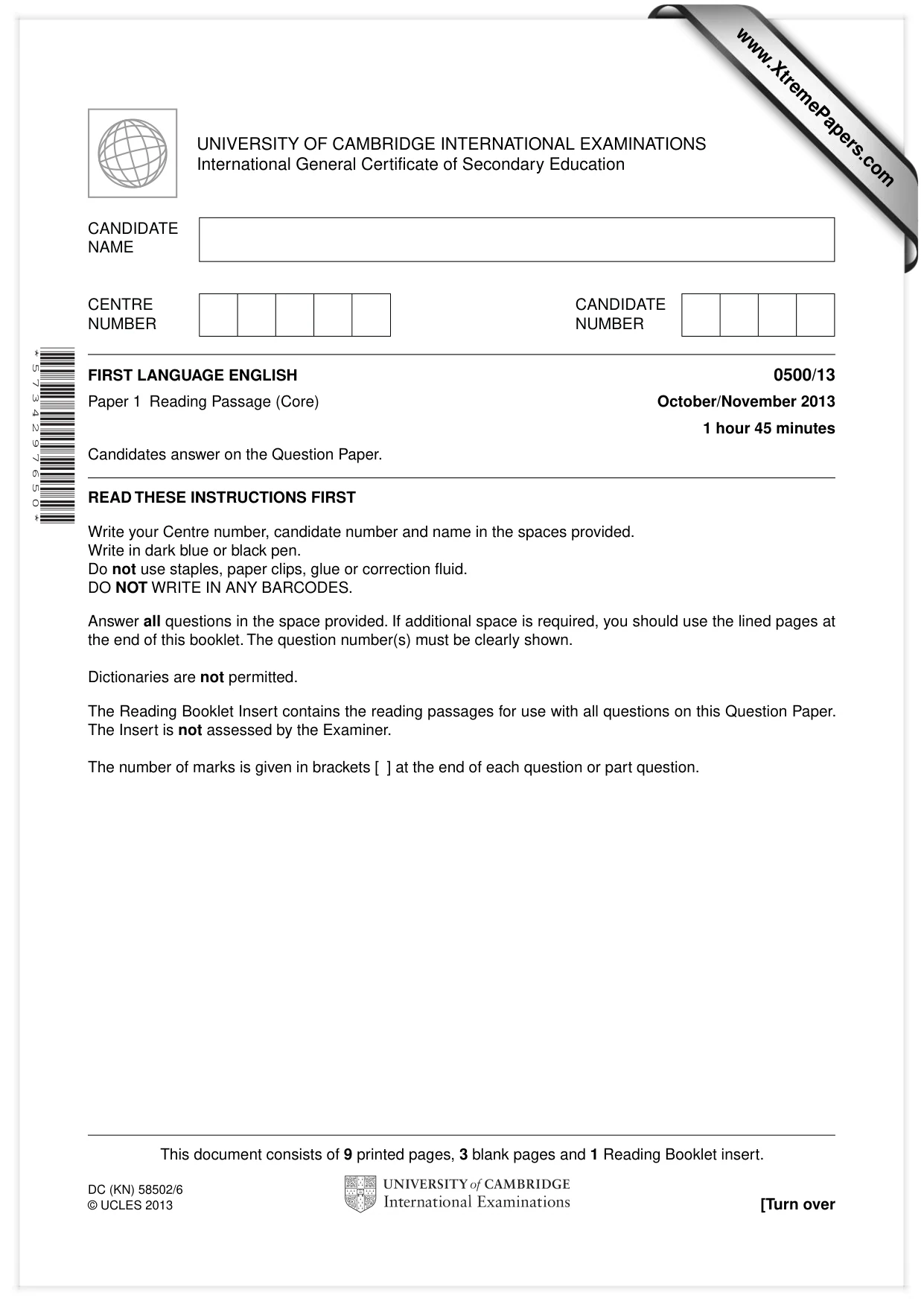 Cambridge IGCSE English - First Language 0500 2013 Oct/Nov Paper 1 · Variant 3 question paper, page 1 of 12