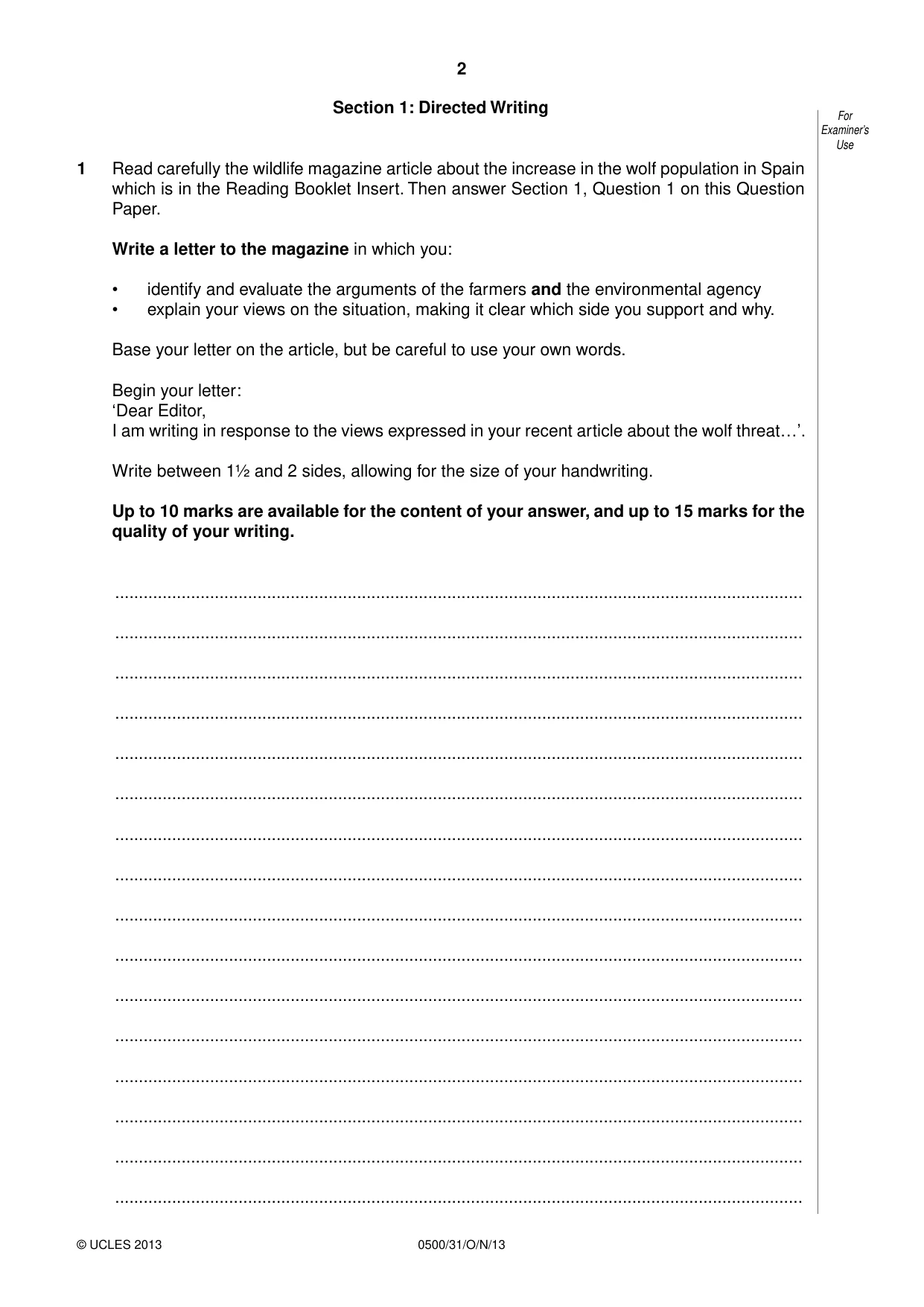 Cambridge IGCSE English - First Language 0500 2013 Oct/Nov Paper 3 · Variant 1 question paper, page 2 of 12
