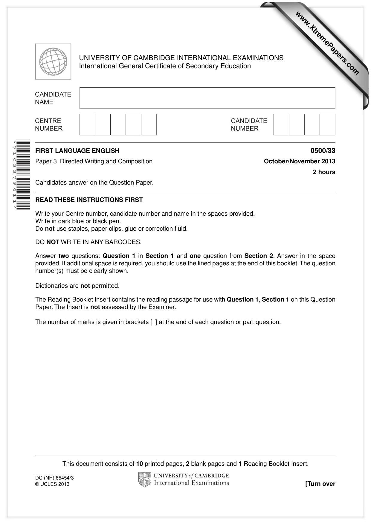 Cambridge IGCSE English - First Language 0500 2013 Oct/Nov Paper 3 · Variant 3 question paper, page 1 of 12