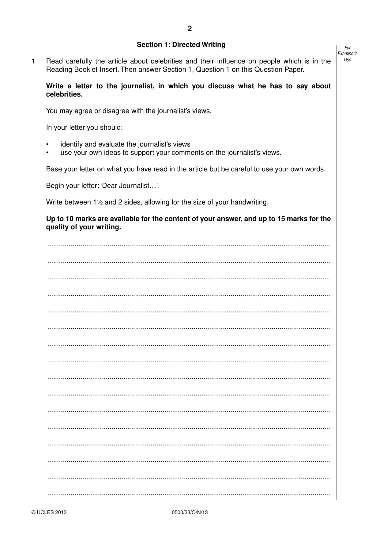 Cambridge IGCSE English - First Language 0500 2013 Oct/Nov Paper 3 · Variant 3 question paper, page 2 of 12