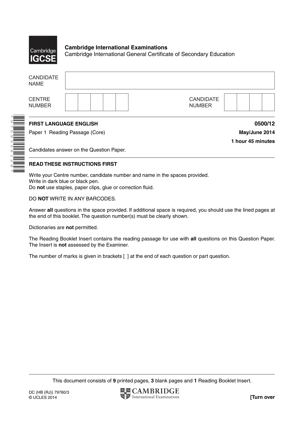 Cambridge IGCSE English - First Language 0500 2014 May/June Paper 1 · Variant 2 question paper, page 1 of 12