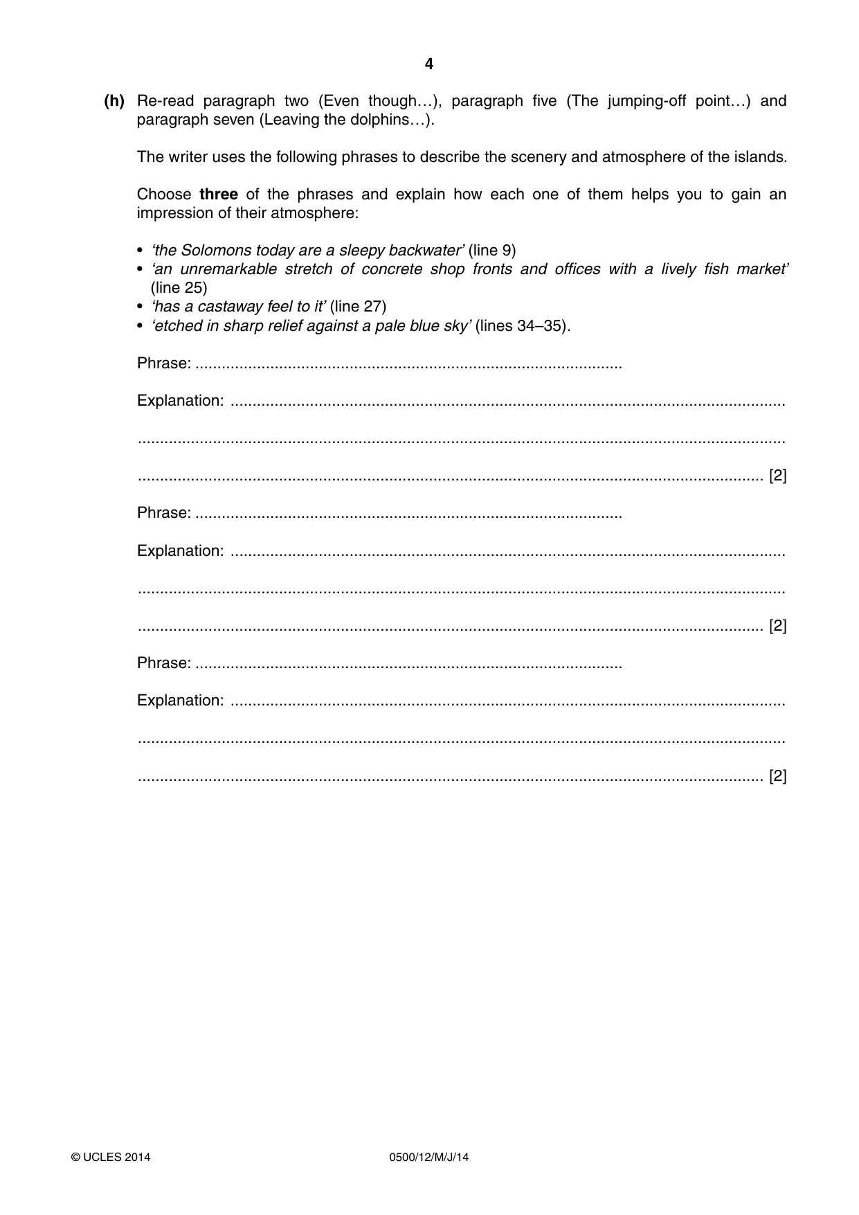 Cambridge IGCSE English - First Language 0500 2014 May/June Paper 1 · Variant 2 question paper, page 4 of 12