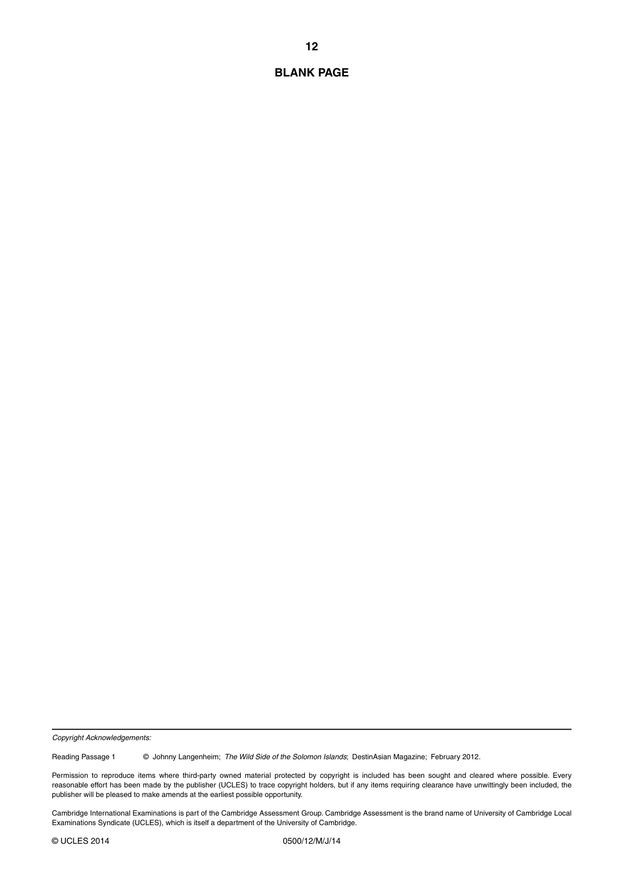 Cambridge IGCSE English - First Language 0500 2014 May/June Paper 1 · Variant 2 question paper, page 12 of 12
