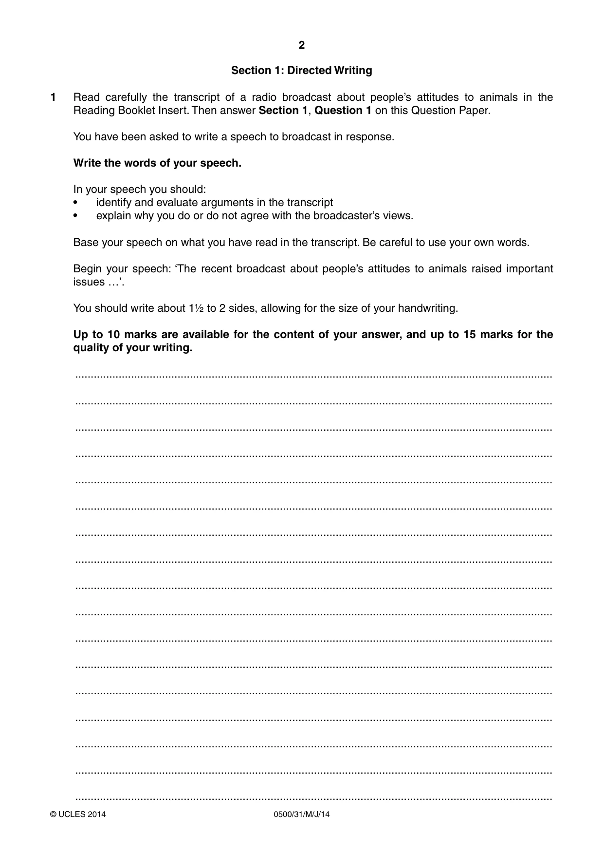 Cambridge IGCSE English - First Language 0500 2014 May/June Paper 3 · Variant 1 question paper, page 2 of 12