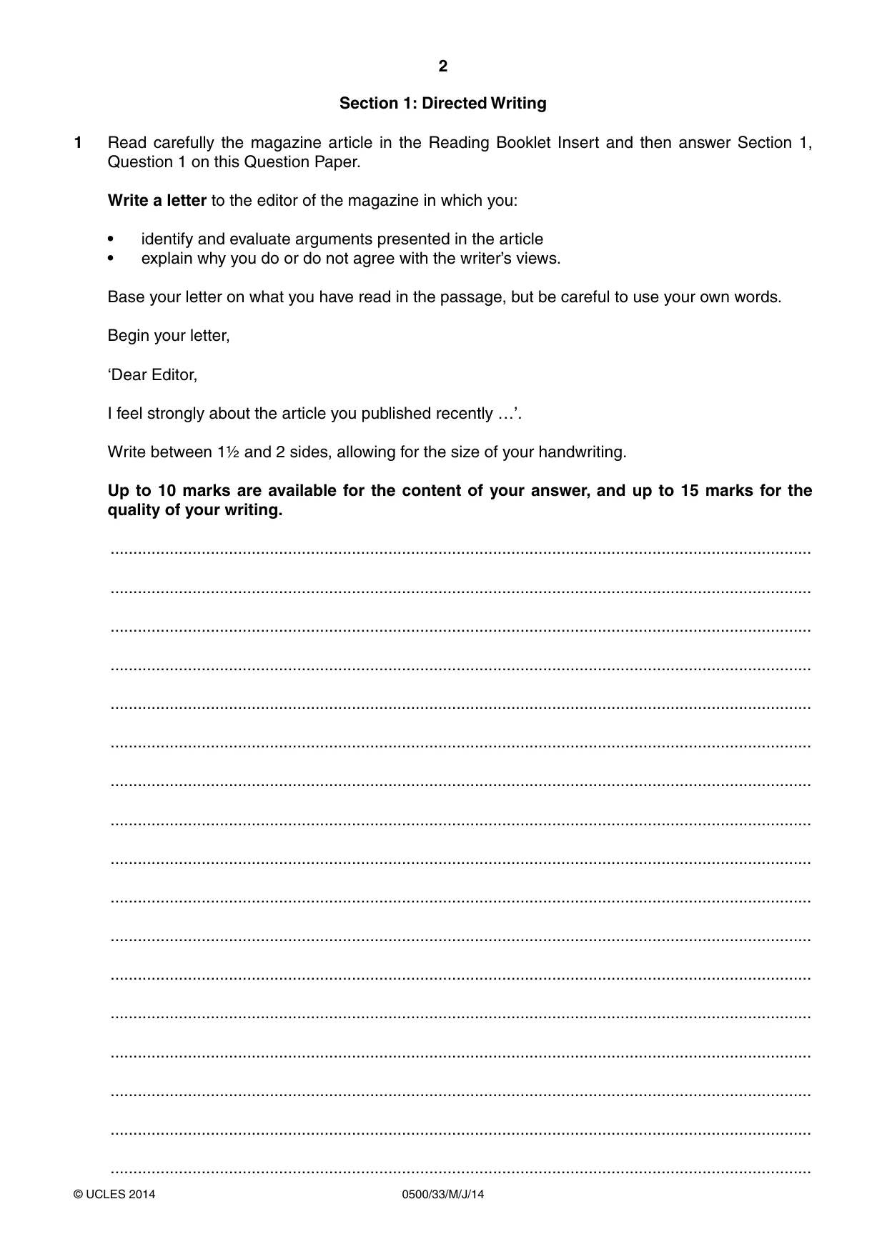 Cambridge IGCSE English - First Language 0500 2014 May/June Paper 3 · Variant 3 question paper, page 2 of 12
