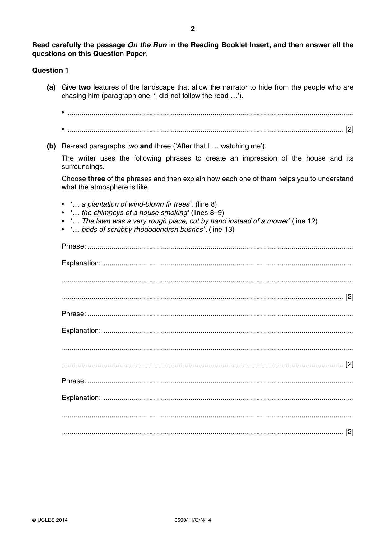 Cambridge IGCSE English - First Language 0500 2014 Oct/Nov Paper 1 · Variant 1 question paper, page 2 of 12