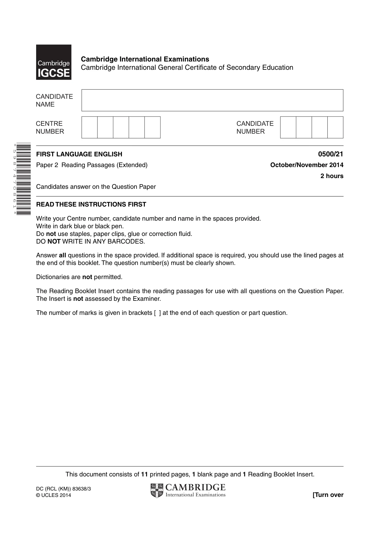Cambridge IGCSE English - First Language 0500 2014 Oct/Nov Paper 2 · Variant 1 question paper, page 1 of 12