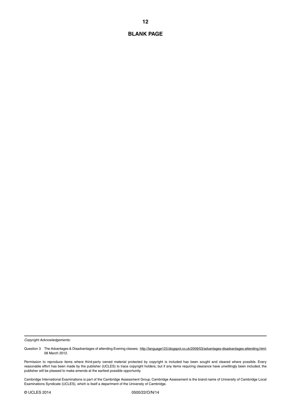 Cambridge IGCSE English - First Language 0500 2014 Oct/Nov Paper 2 · Variant 2 question paper, page 12 of 12
