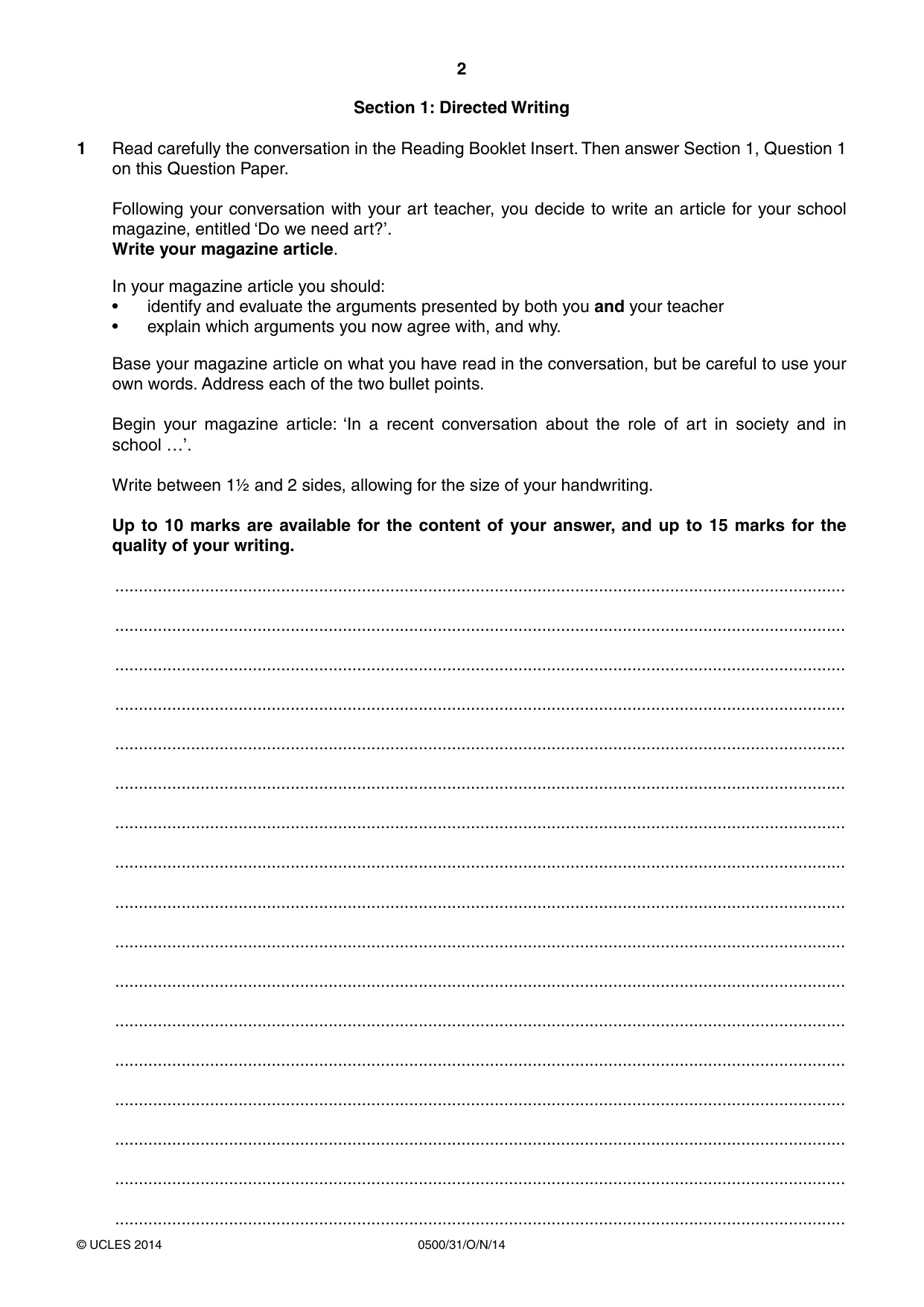 Cambridge IGCSE English - First Language 0500 2014 Oct/Nov Paper 3 · Variant 1 question paper, page 2 of 12