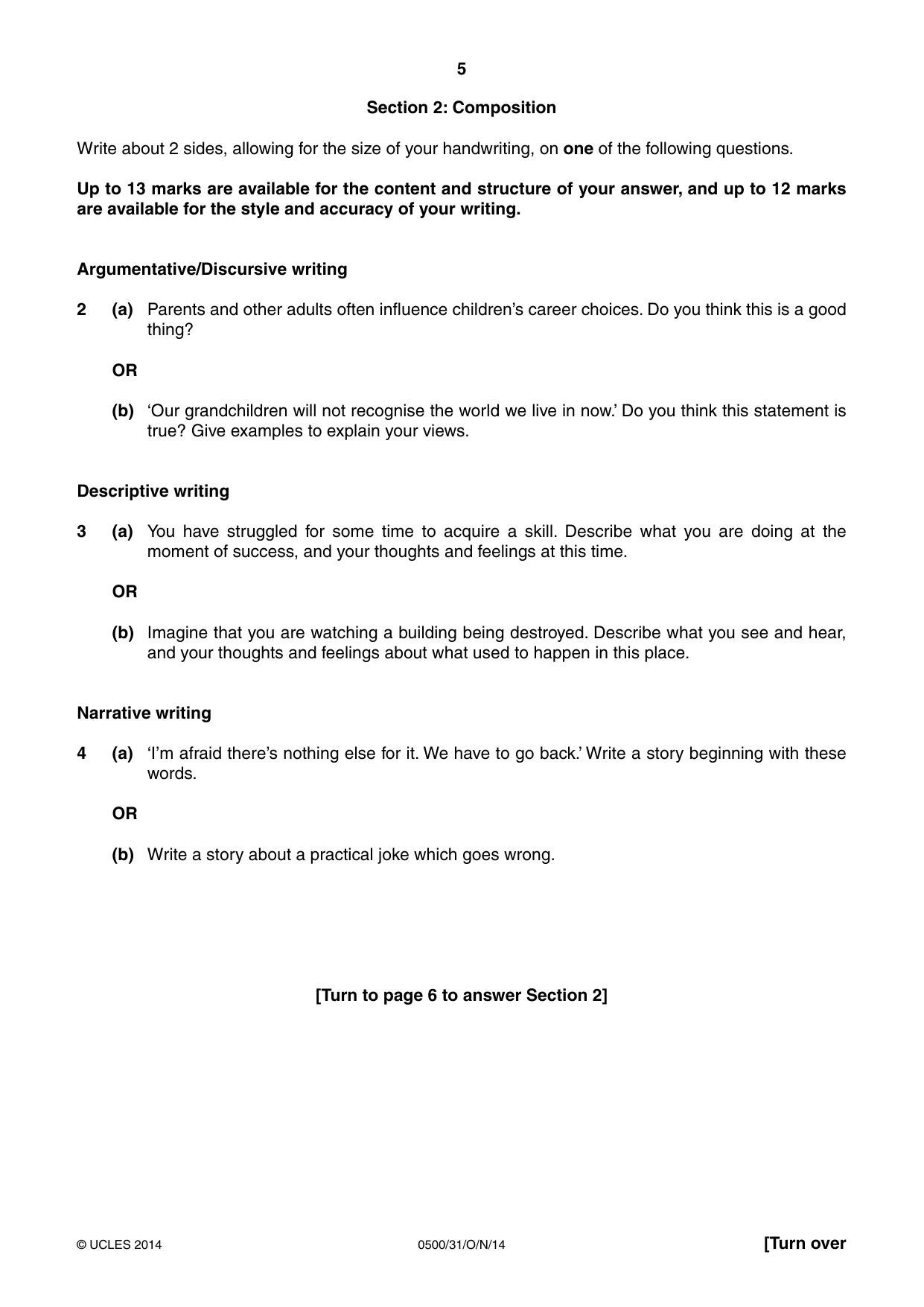 Cambridge IGCSE English - First Language 0500 2014 Oct/Nov Paper 3 · Variant 1 question paper, page 5 of 12