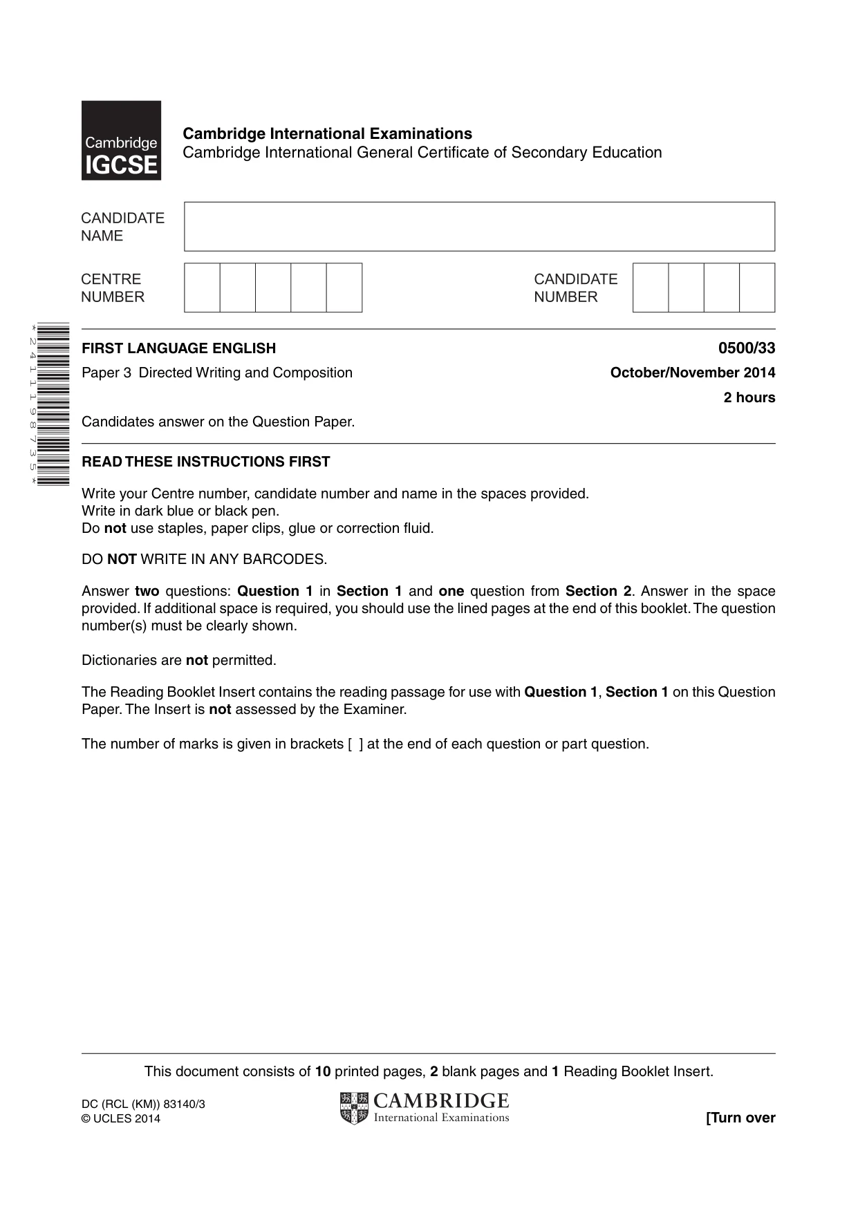 Cambridge IGCSE English - First Language 0500 2014 Oct/Nov Paper 3 · Variant 3 question paper, page 1 of 12