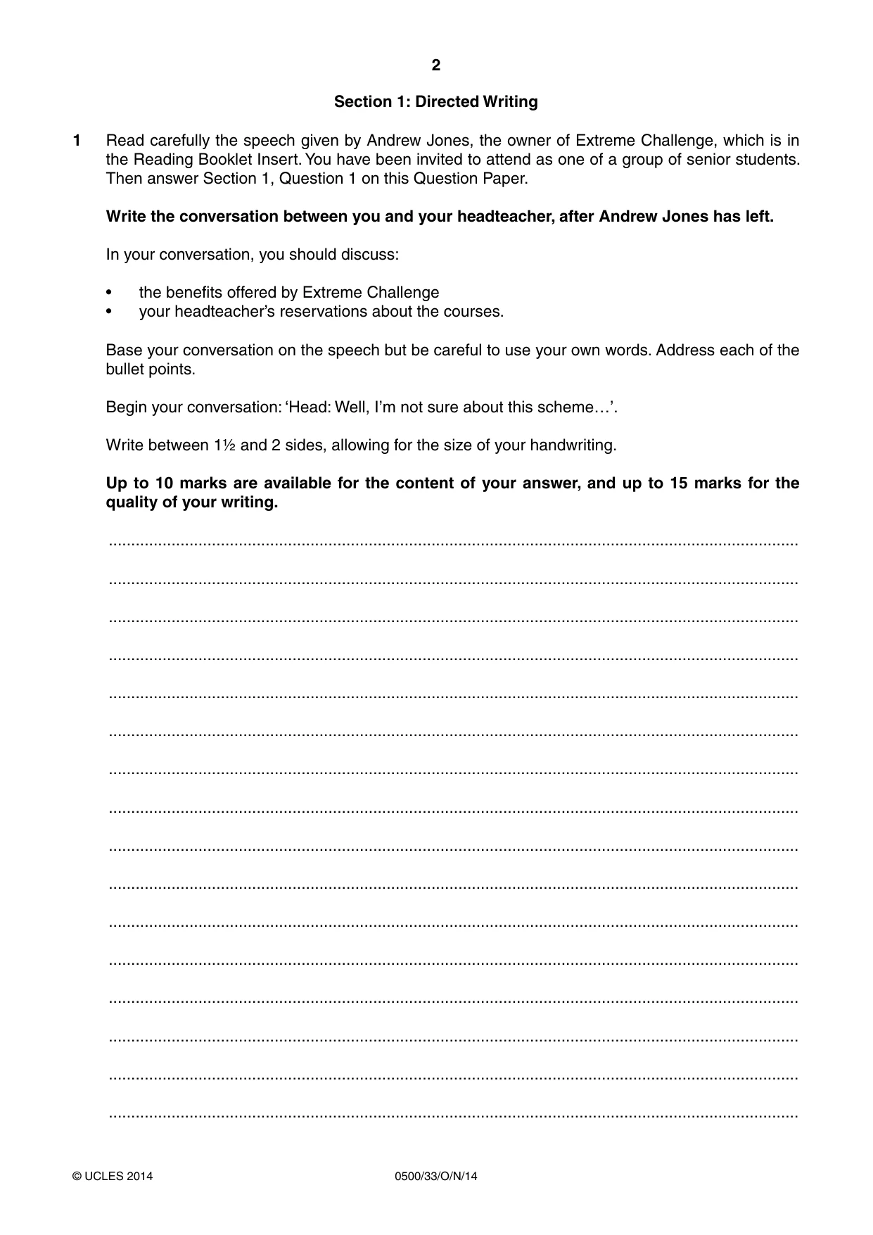 Cambridge IGCSE English - First Language 0500 2014 Oct/Nov Paper 3 · Variant 3 question paper, page 2 of 12