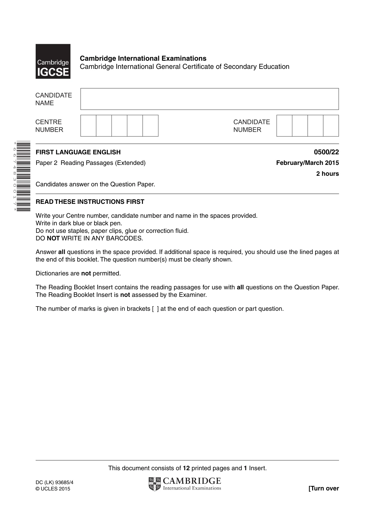 Cambridge IGCSE English - First Language 0500 2015 Feb/March Paper 2 · Variant 2 question paper, page 1 of 12