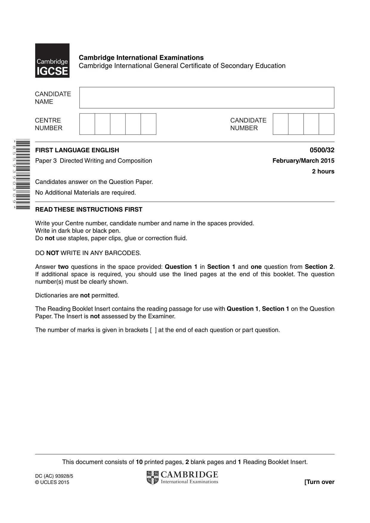 Cambridge IGCSE English - First Language 0500 2015 Feb/March Paper 3 · Variant 2 question paper, page 1 of 12