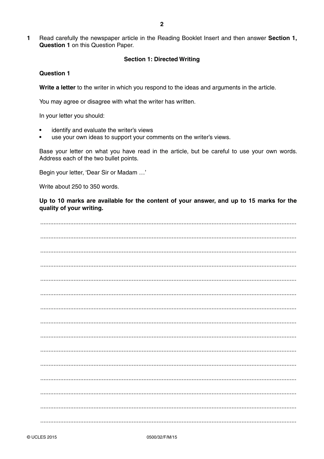 Cambridge IGCSE English - First Language 0500 2015 Feb/March Paper 3 · Variant 2 question paper, page 2 of 12