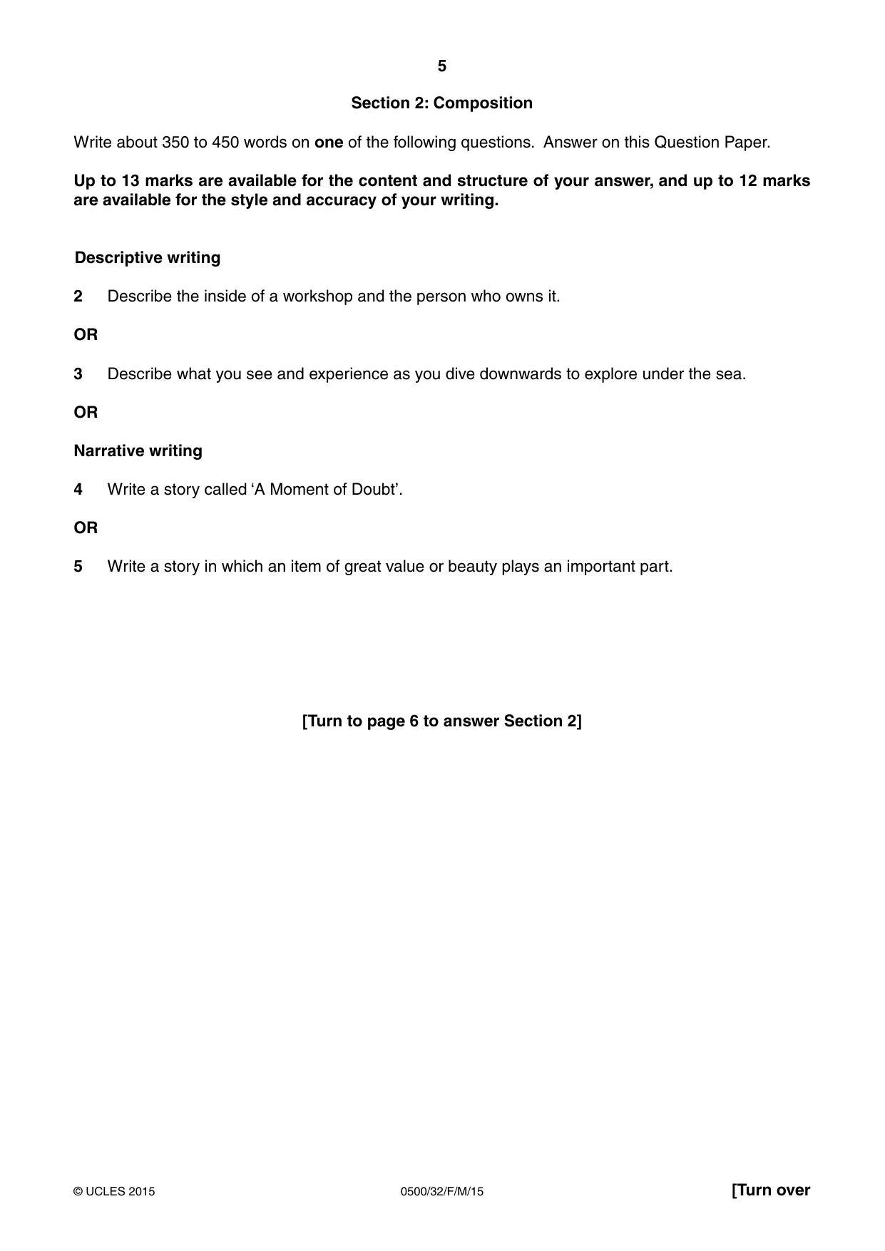 Cambridge IGCSE English - First Language 0500 2015 Feb/March Paper 3 · Variant 2 question paper, page 5 of 12