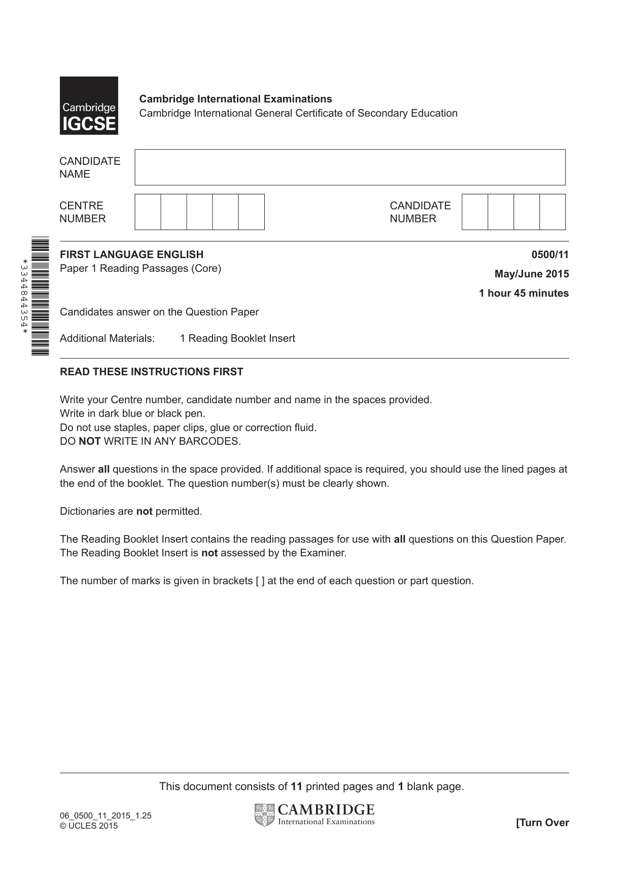 Cambridge IGCSE English - First Language 0500 2015 May/June Paper 1 · Variant 1 question paper, page 1 of 12