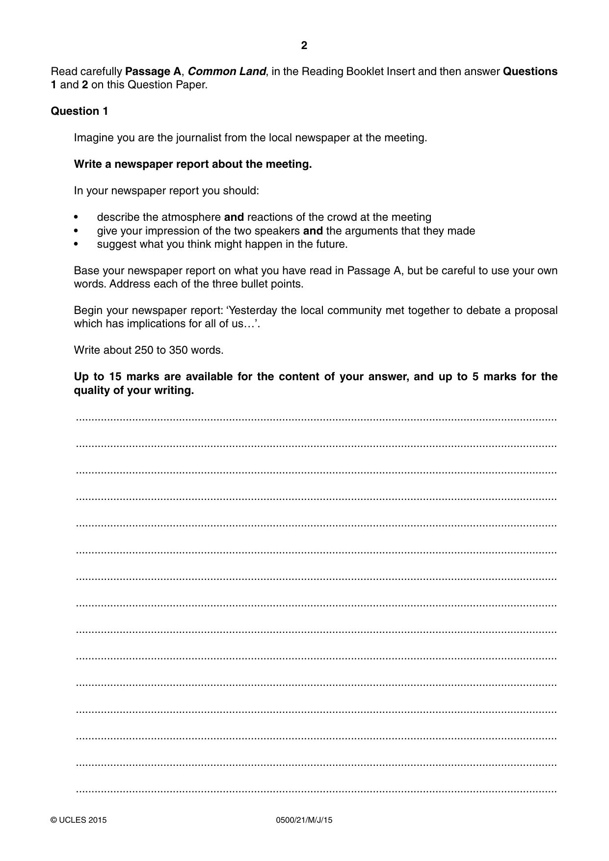 Cambridge IGCSE English - First Language 0500 2015 May/June Paper 2 · Variant 1 question paper, page 2 of 12