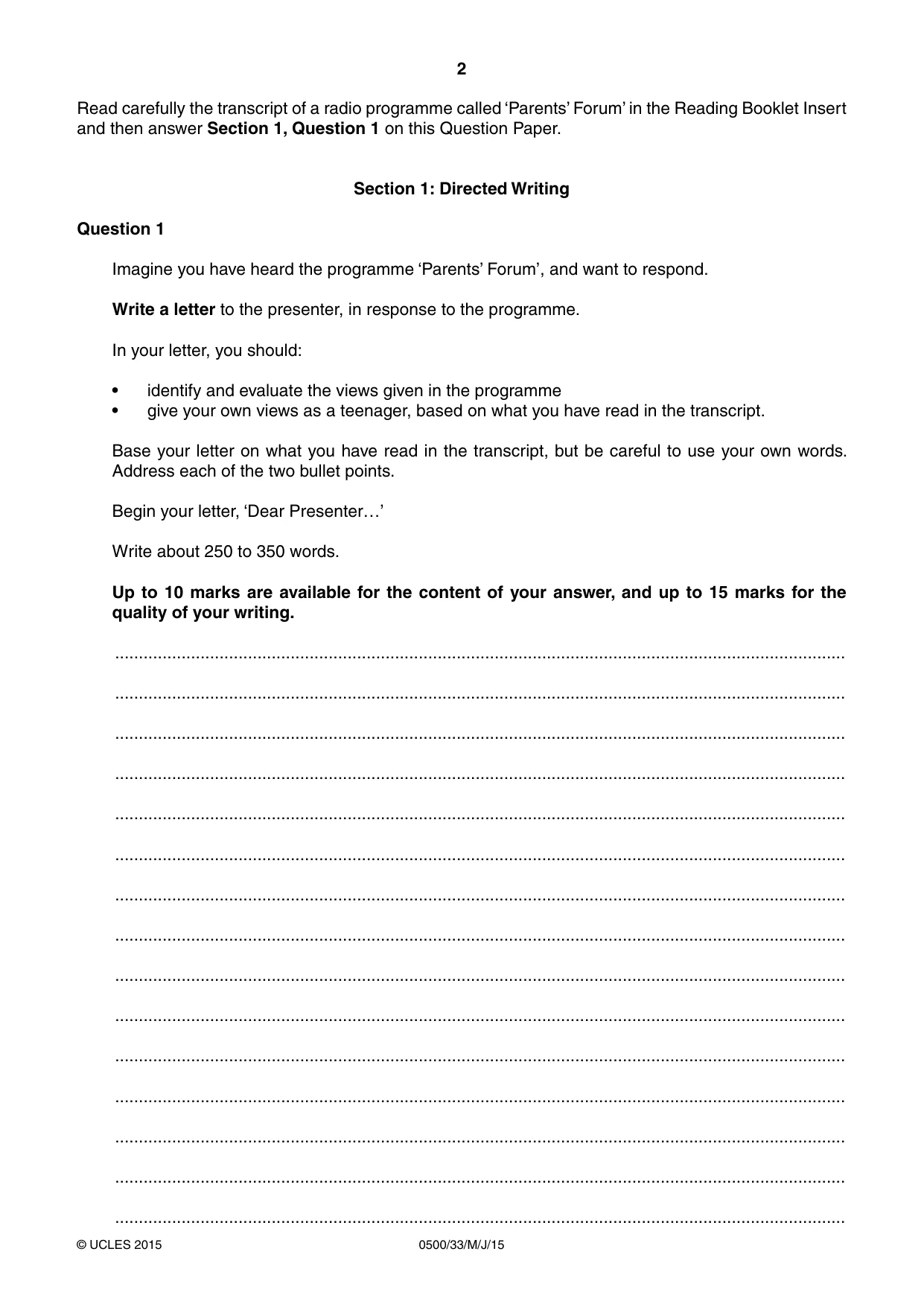 Cambridge IGCSE English - First Language 0500 2015 May/June Paper 3 · Variant 3 question paper, page 2 of 12