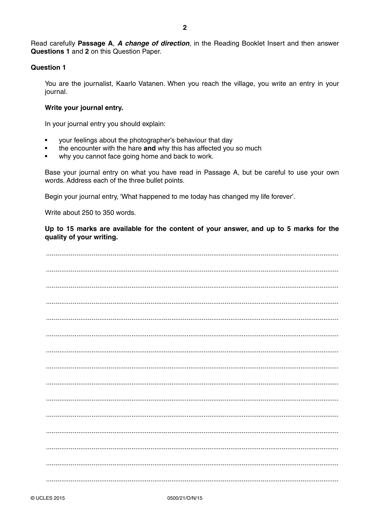 Cambridge IGCSE English - First Language 0500 2015 Oct/Nov Paper 2 · Variant 1 question paper, page 2 of 12